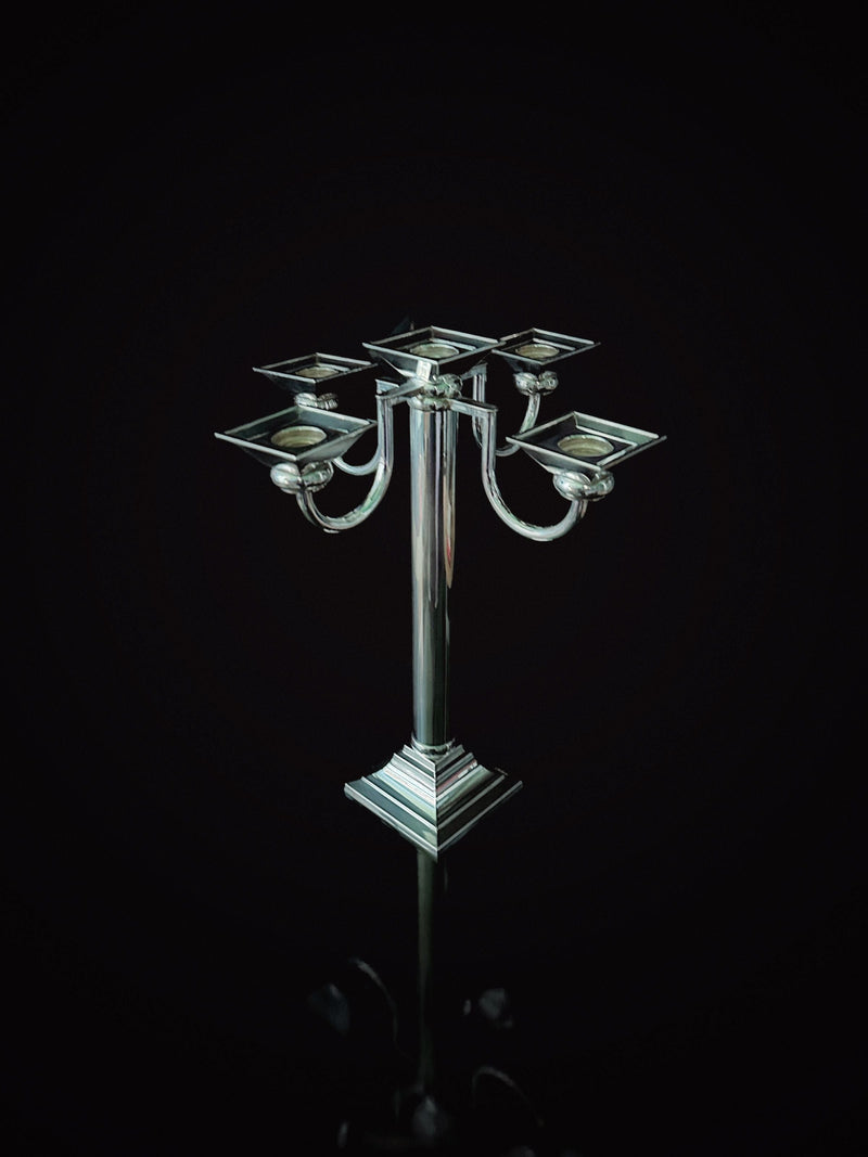 Silver-plated Art Deco candelabra with five arms on square base