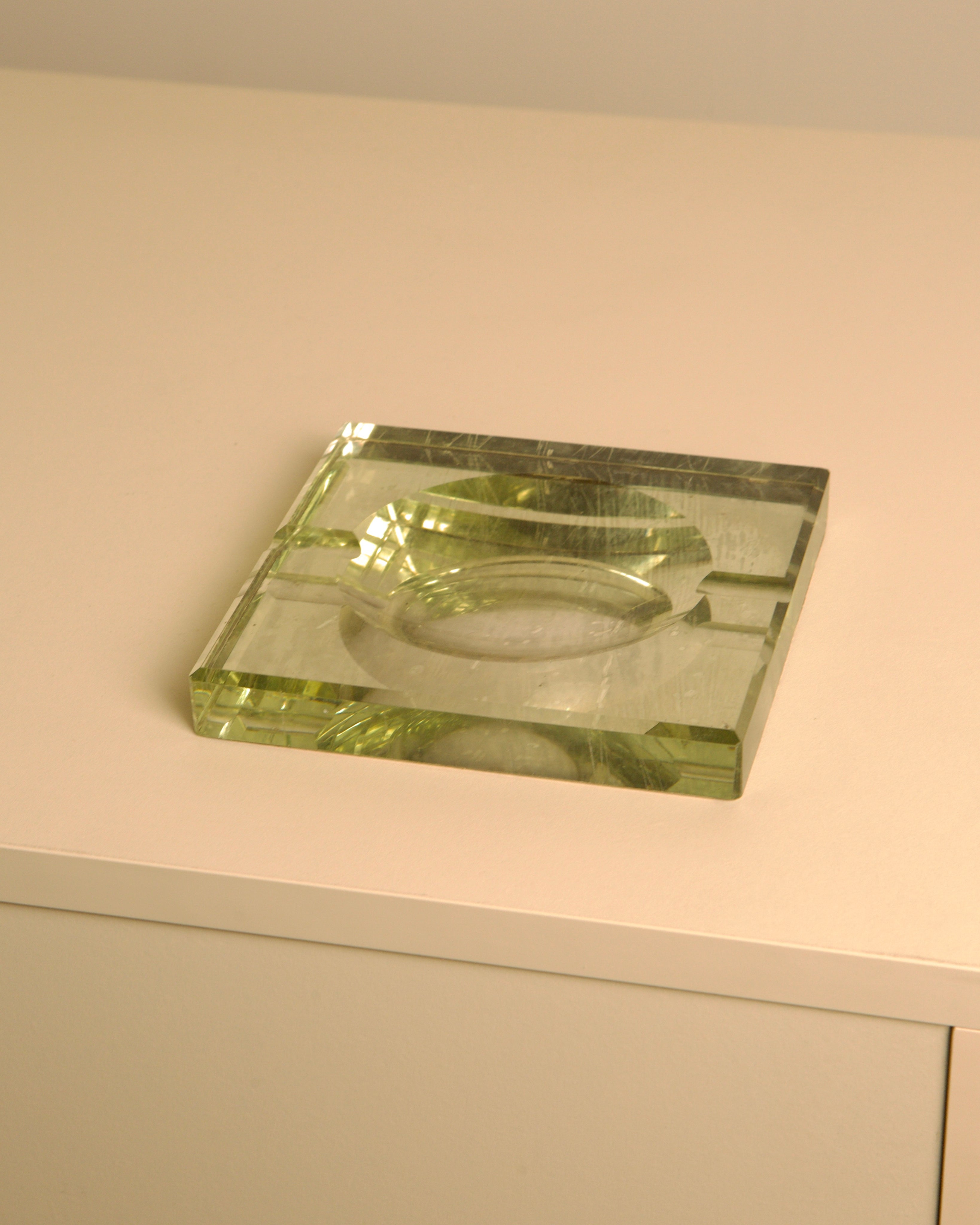 Green glass square ashtray by Saint Gobain, 1960s vintage design
