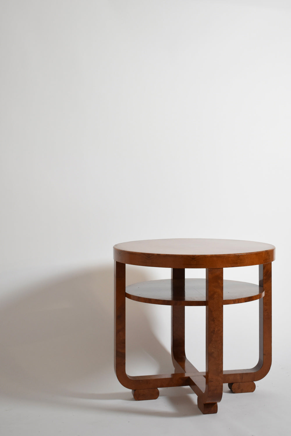 Art Deco Pedestal Table, 1920s — side angle showing warm wood finish