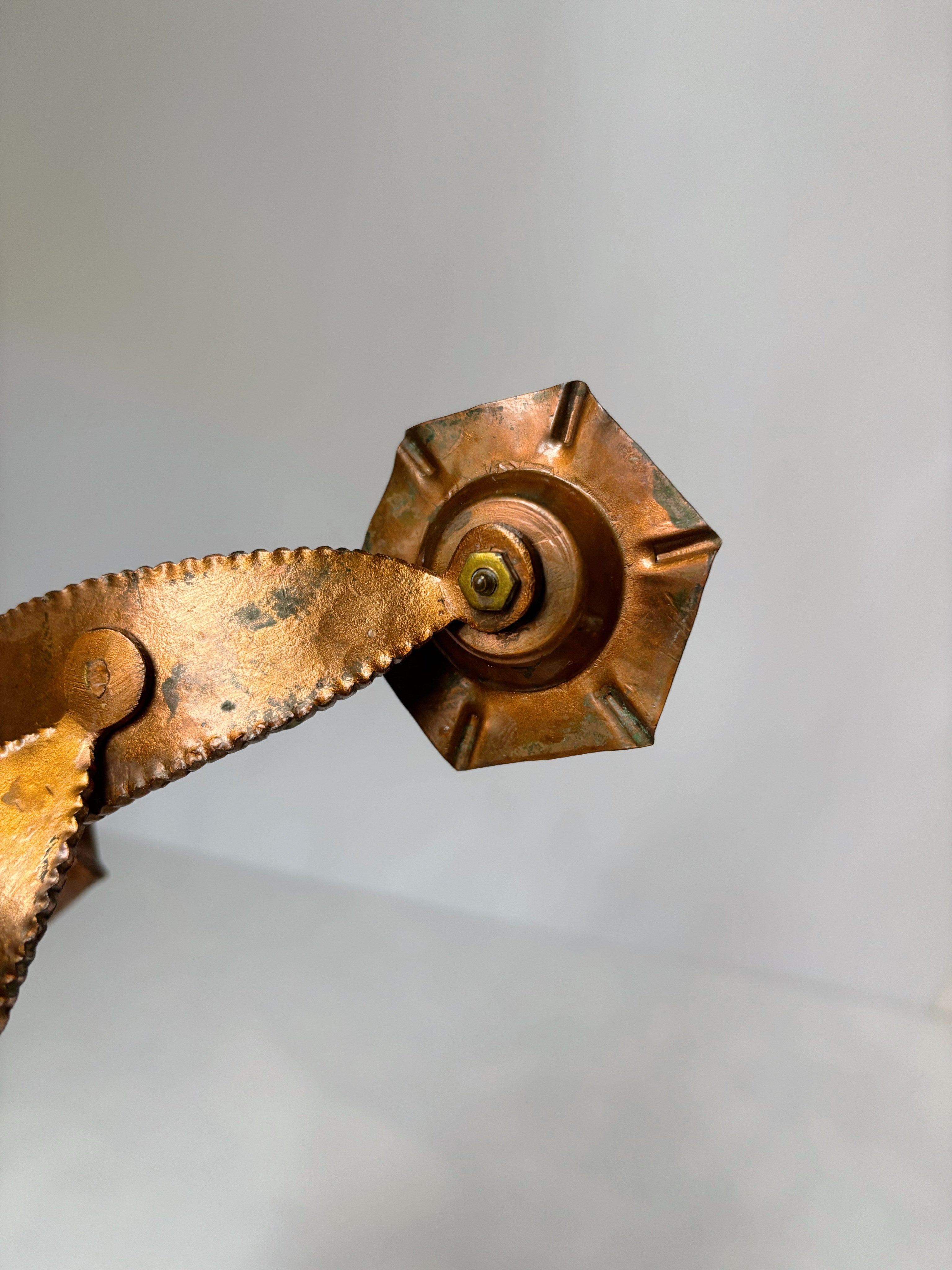 Mid Century Hammered Metal Candlestick, Poland — side angle showing copper base detail