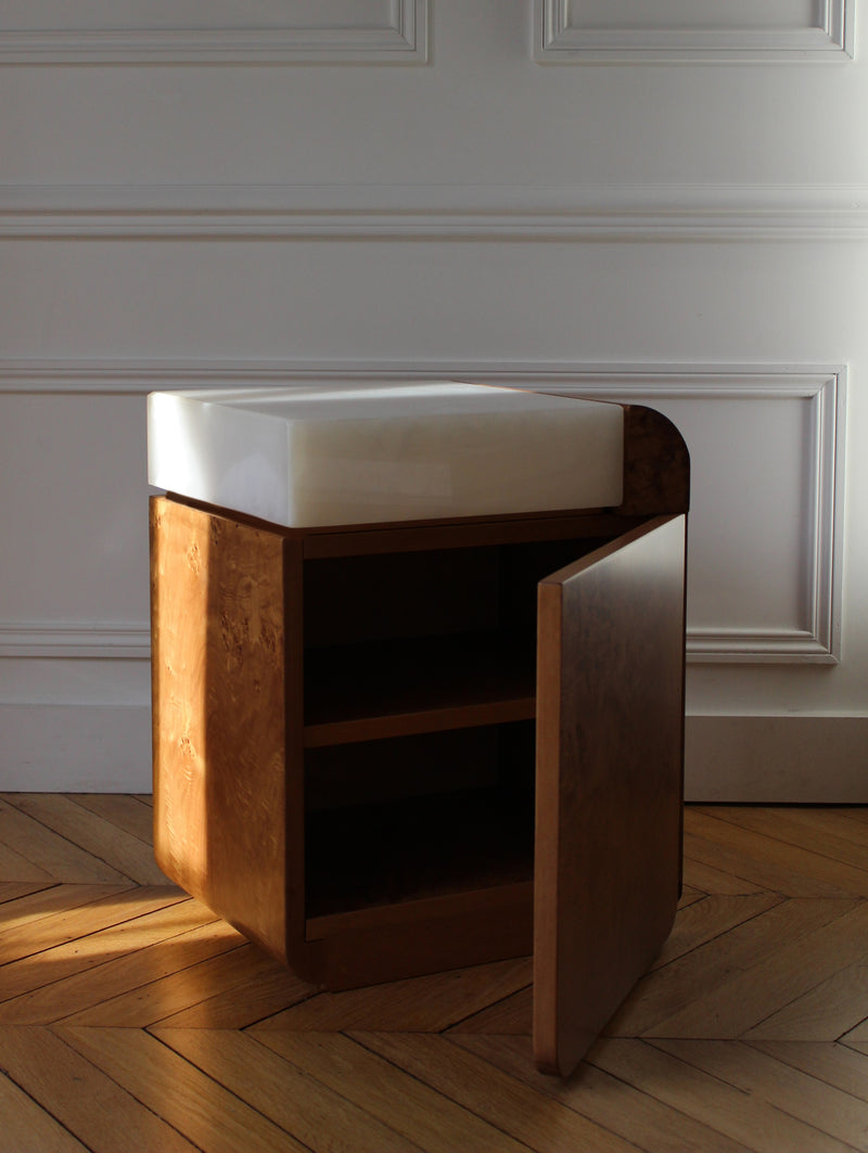 Amo Burl Wood and White Onyx Side Table — angled view showing open storage compartment