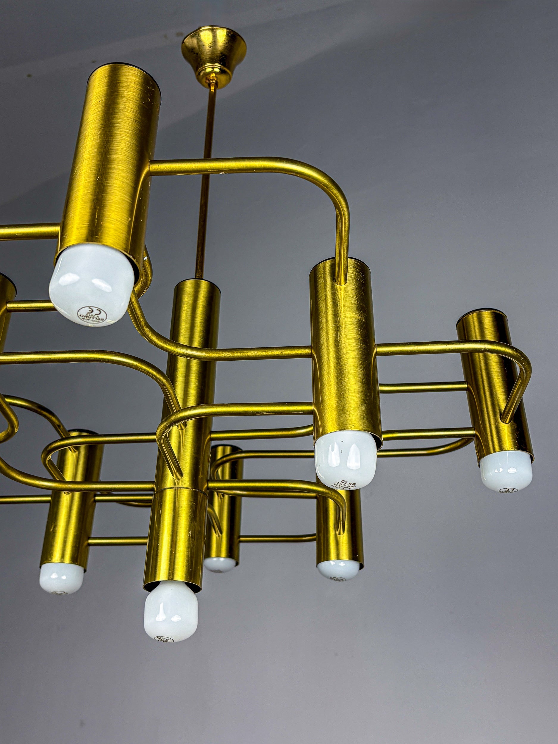 Gaetano Sciolari Geometric Chandelier, 9 lights, Italy, 1970s — side angle