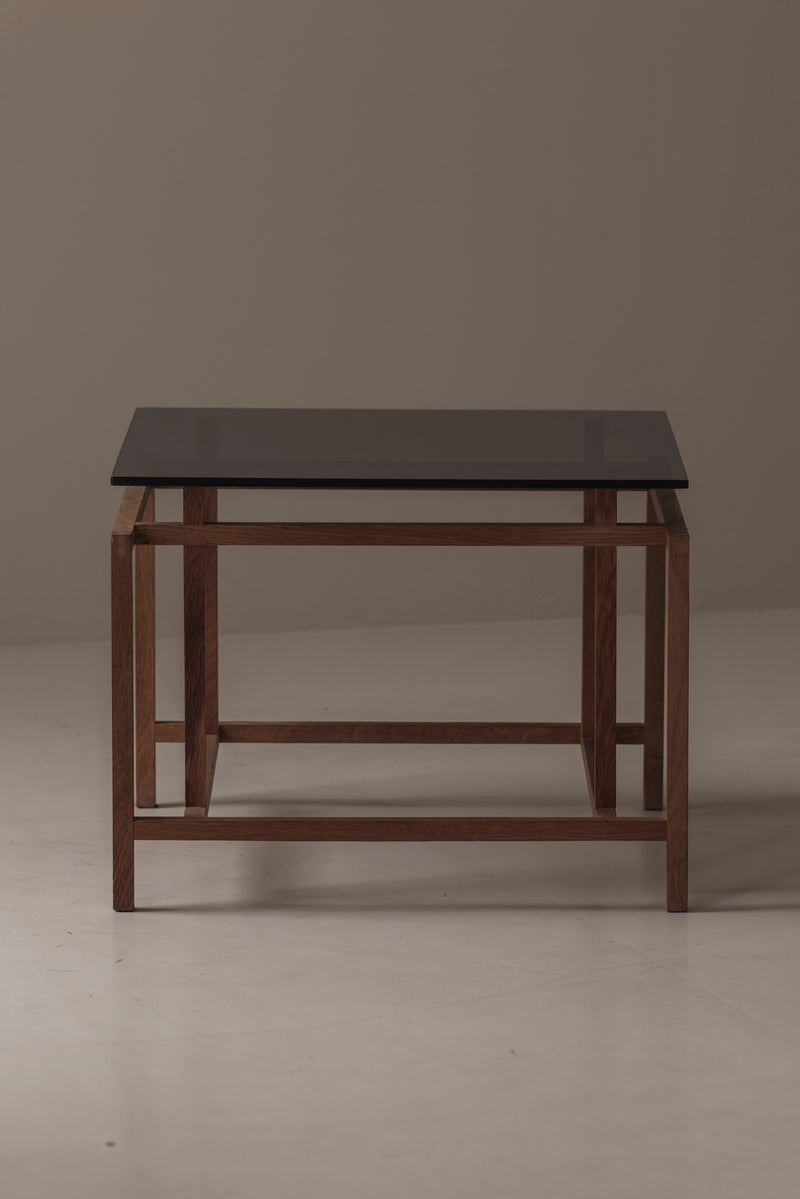 Elegant Geometric Oak Side Table by Henning Nørgaard, Denmark 1970s — front view with dark glass top