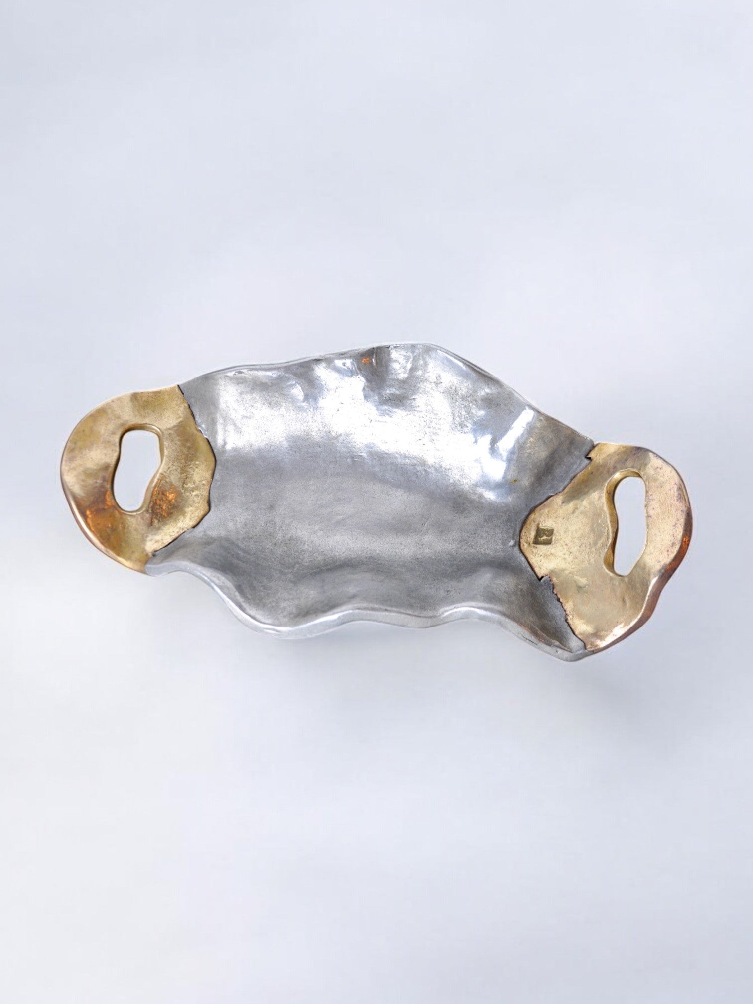 Empty Brutalist Vide-poches by Art3, 1980, Spain — top view of metallic tray with gold handles