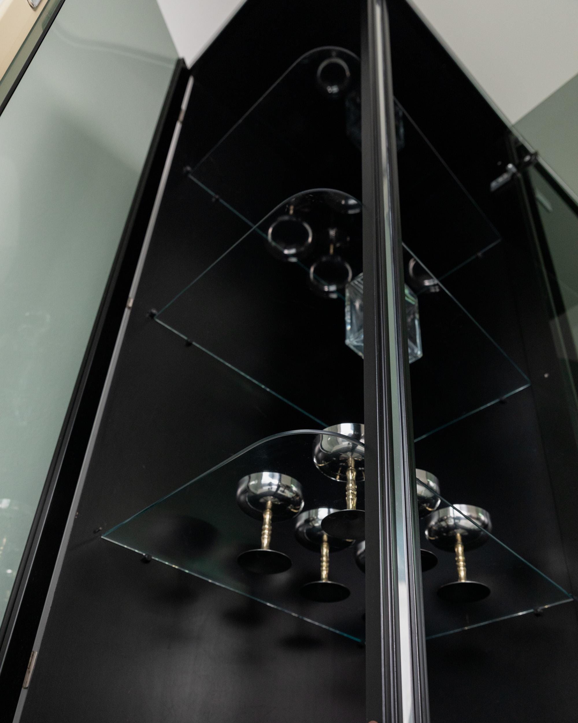 1950s Art Deco Bar Cabinet in Lacquered Wood — interior view with glass shelves and metal accents
