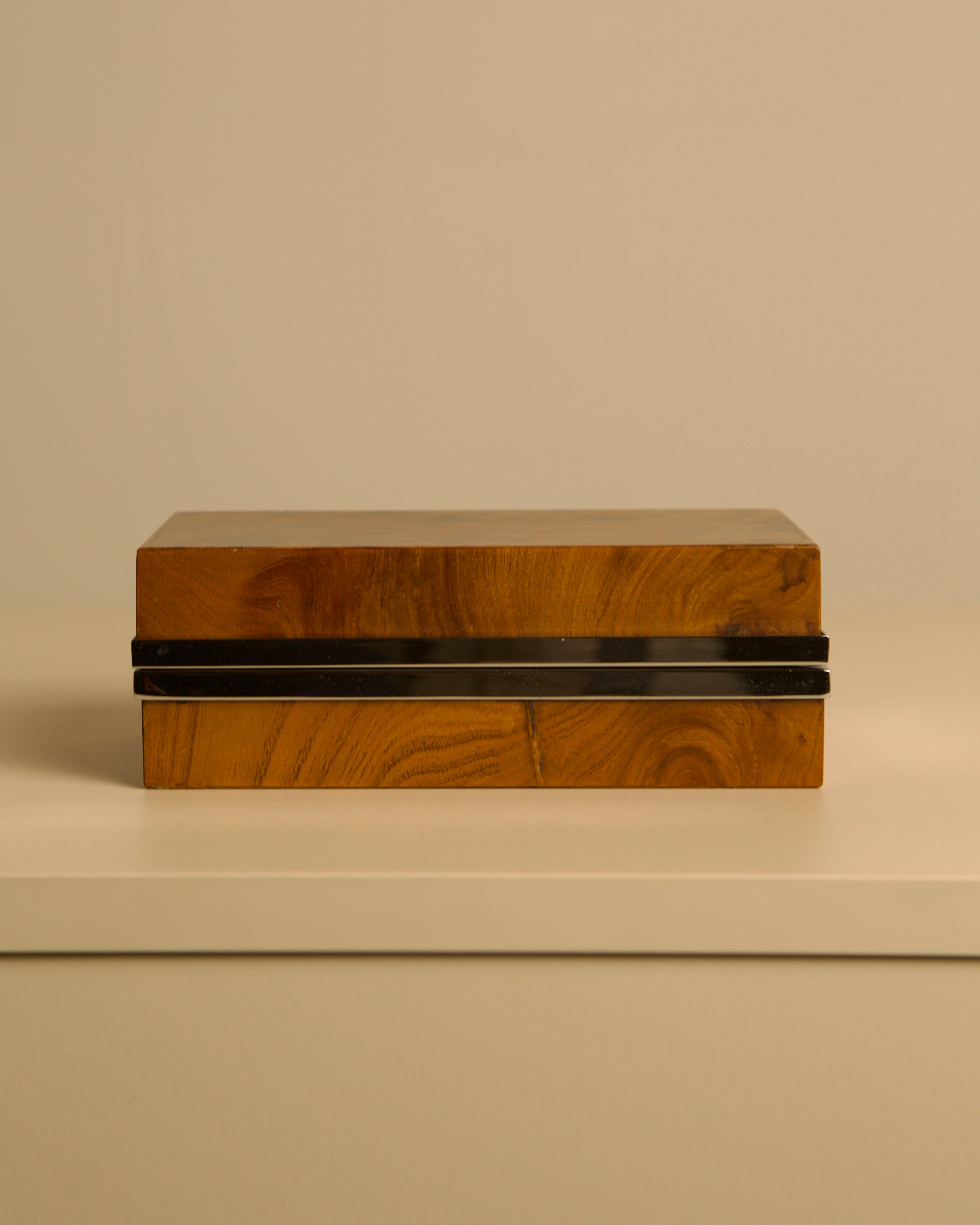 Italian box in elm wood with metal interior, 1960s — front view on white shelf
