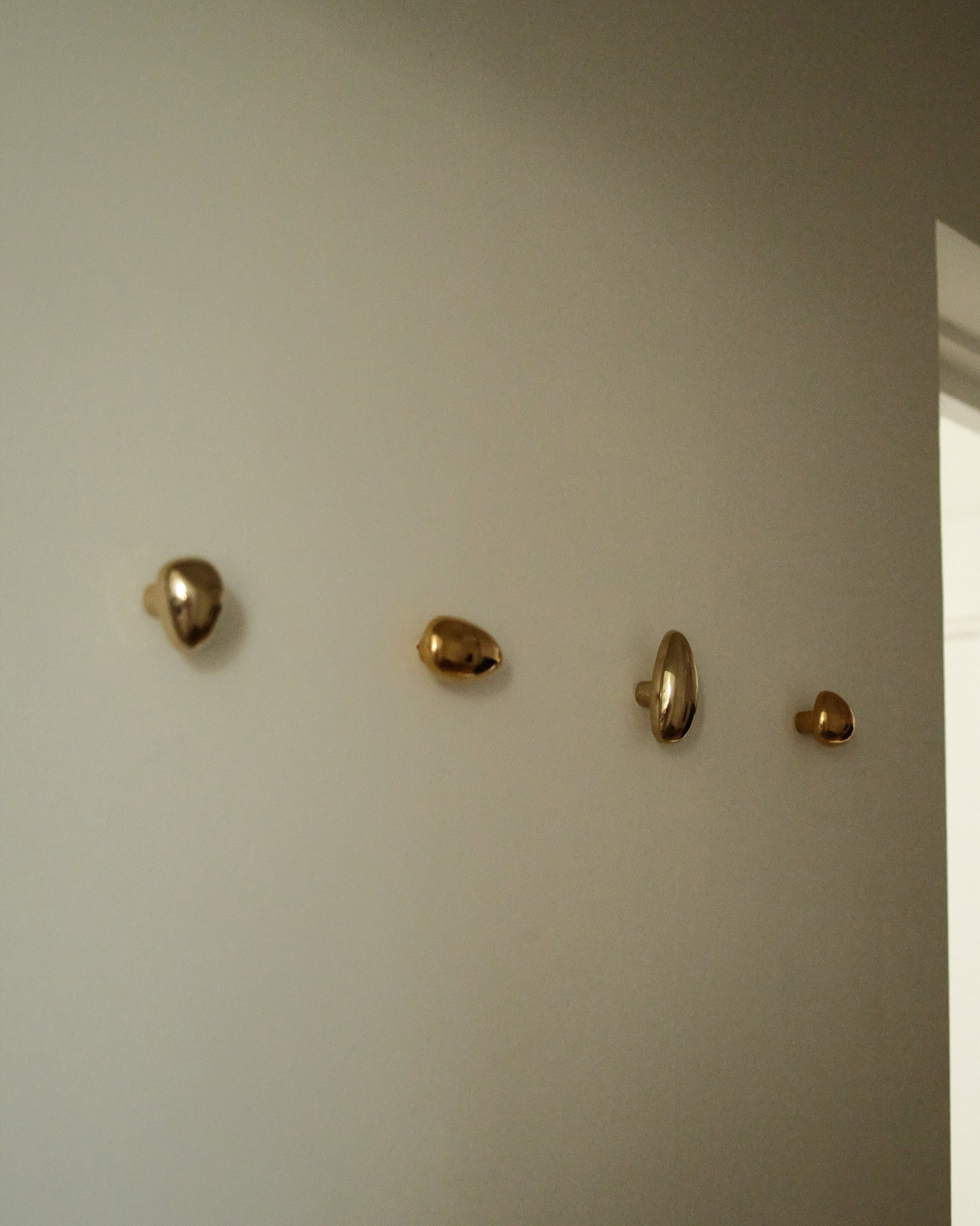 MOMI Cabinet Knob/Wall Hook Long Mini — close-up of gold knobs mounted on wall