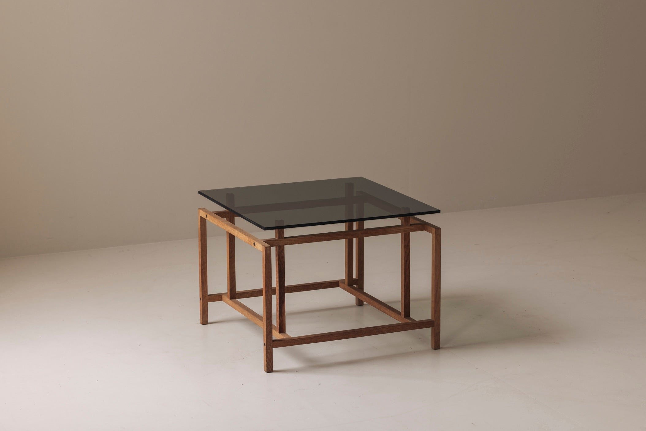 Elegant Geometric Oak Side Table by Henning Nørgaard, Denmark 1970s — side angle showing dark glass top and wooden frame