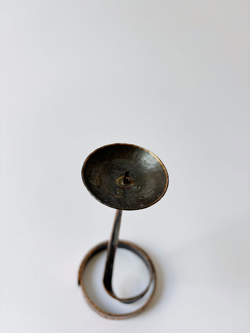 Coiled Metal Candleholder, Mid Century Poland — top view of dark metal design