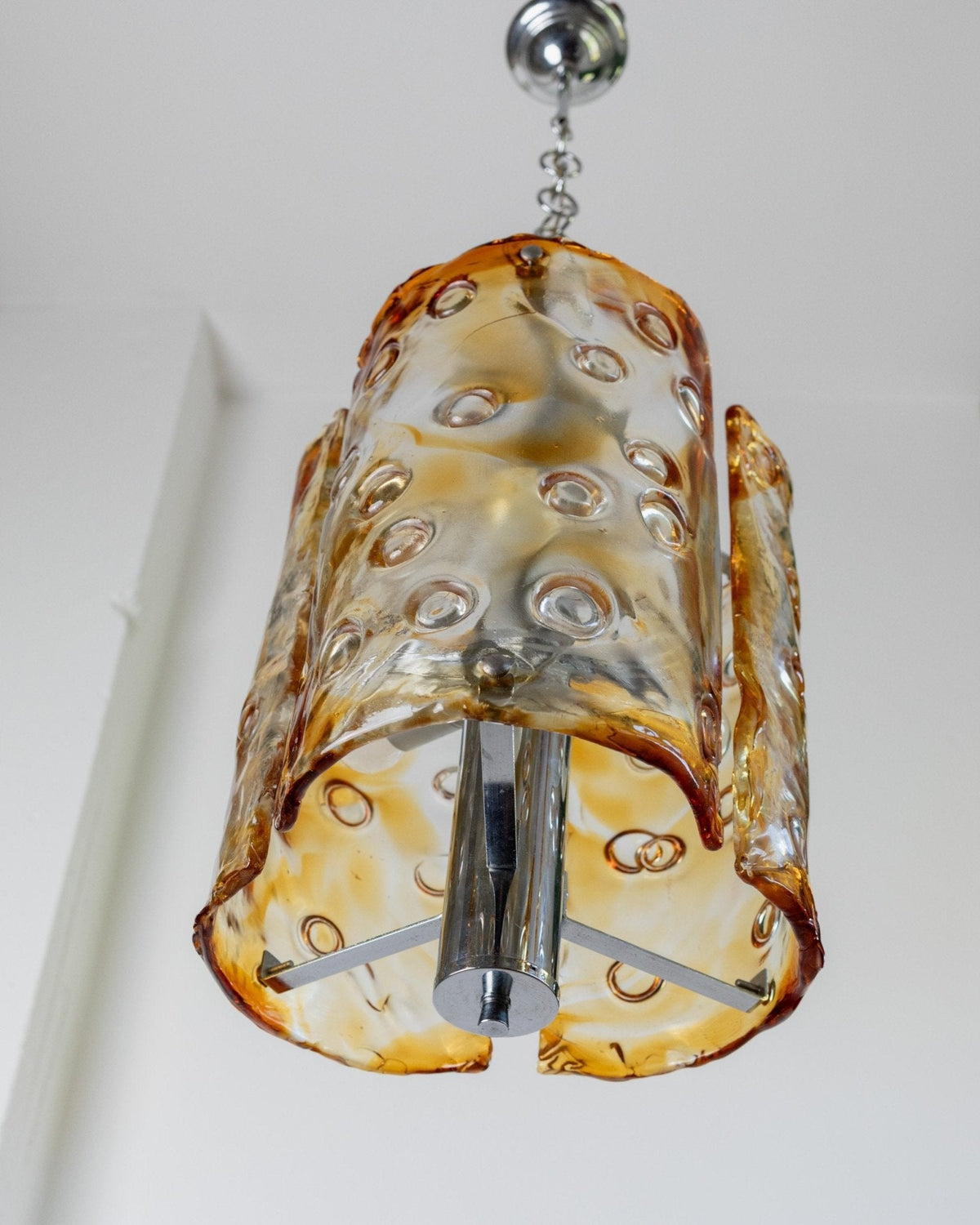 Large vintage Murano glass ceiling lamp by Toni Zuccheri for Mazzega - Italy 1970s - clear and orange glass, chrome - MCM chandelier — view 10