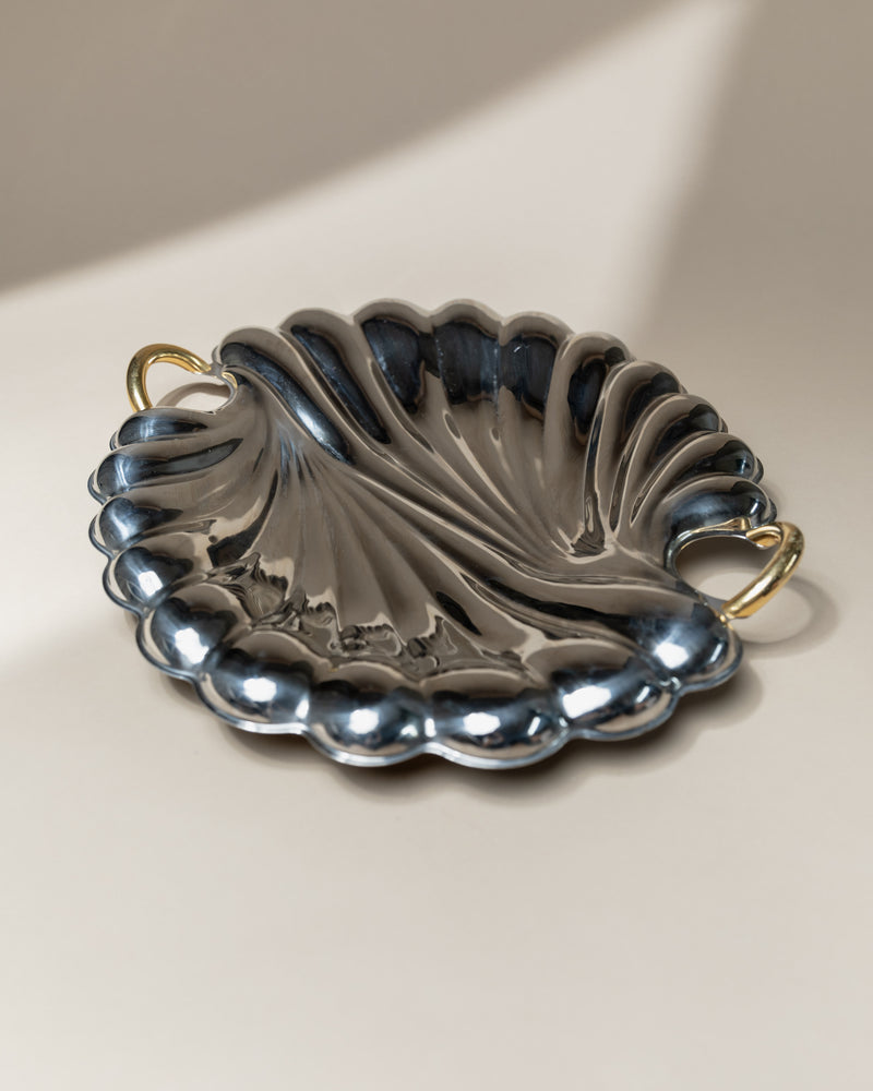Vintage stainless steel shell-shaped serving tray with scalloped edges