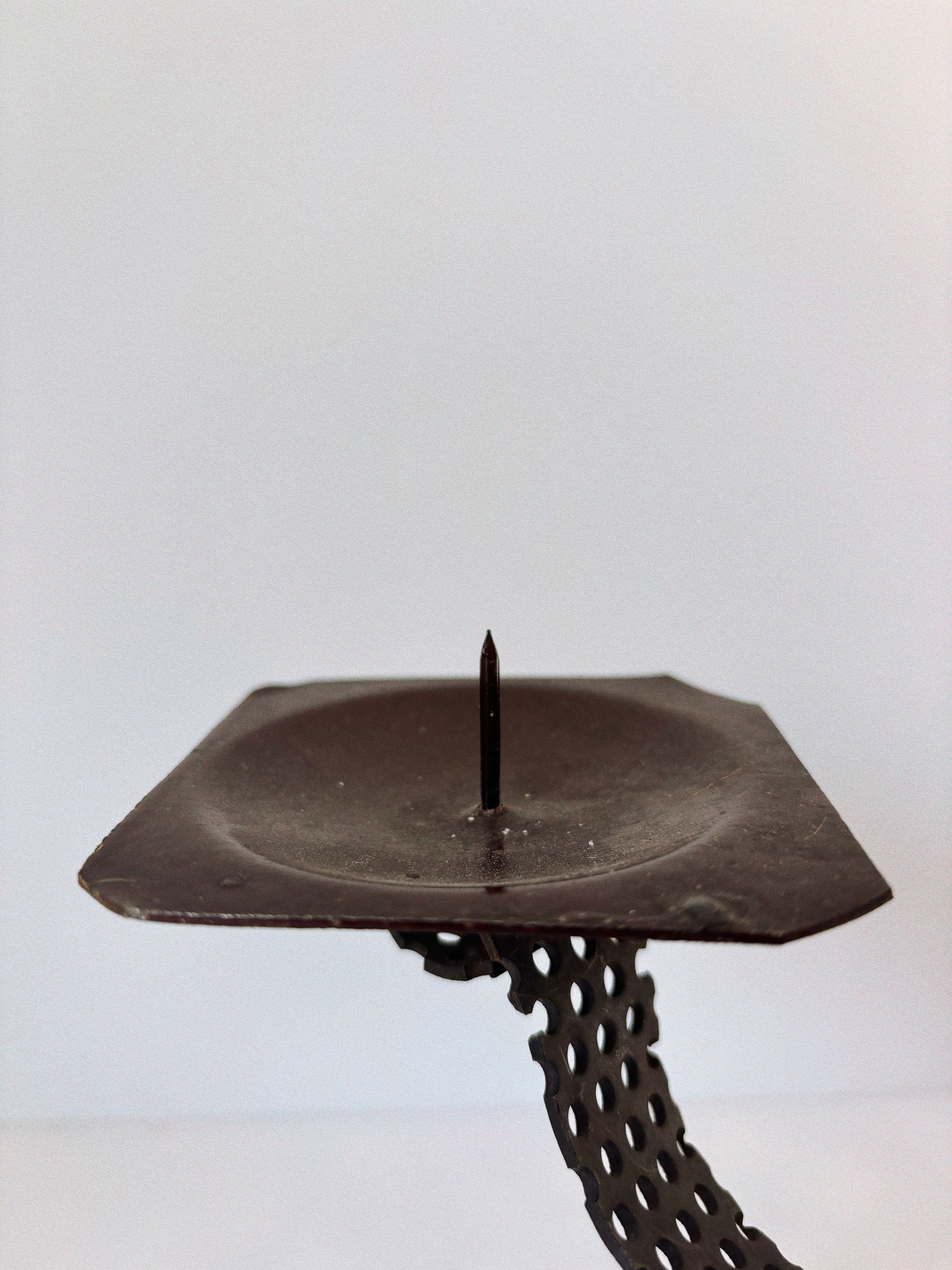Handmade Metal 3 Arm Candleholder, Poland — top view of dark metal base