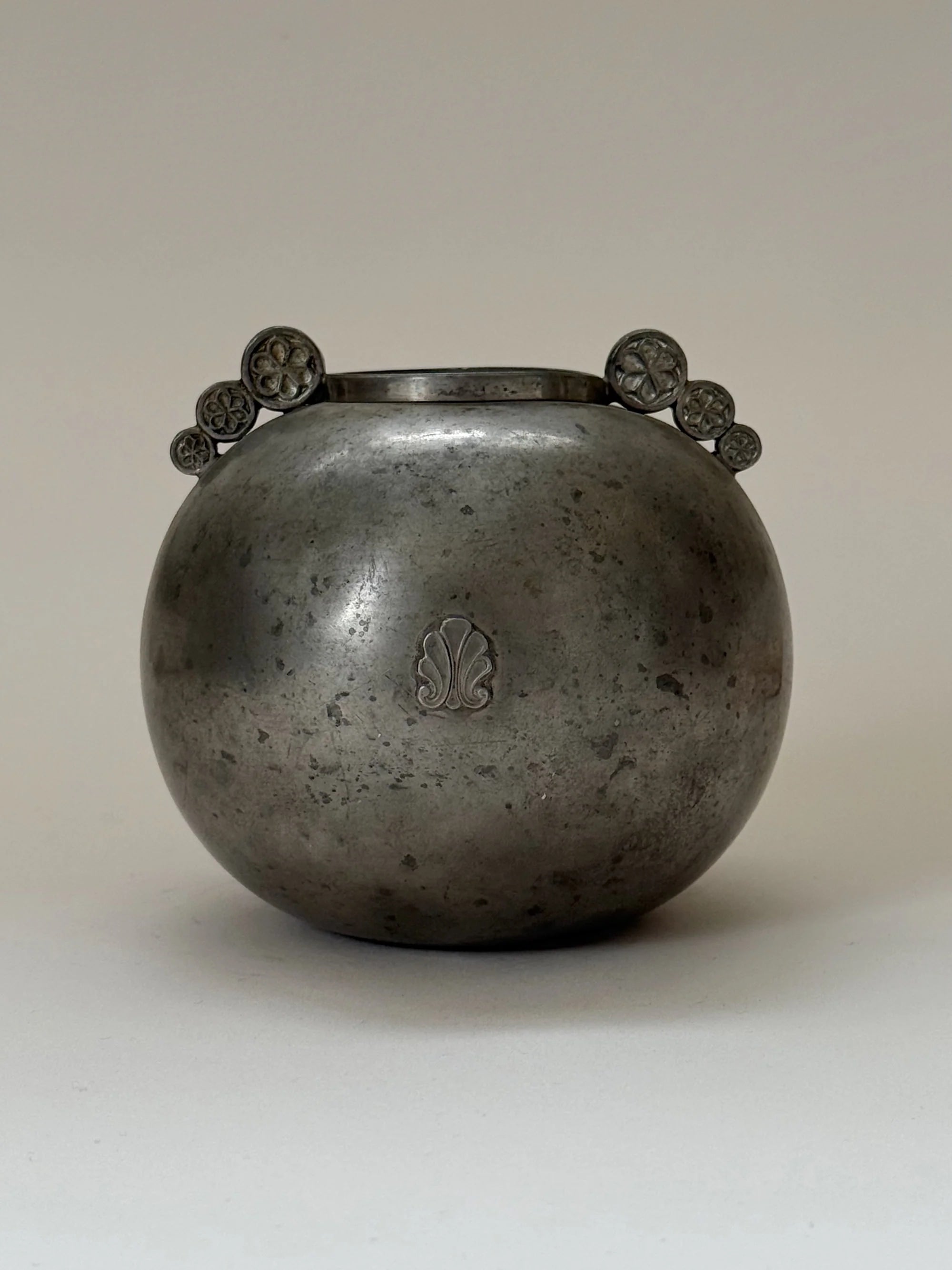 Swedish Grace Spherical Pewter Vase, 1934 — close-up of textured pewter surface