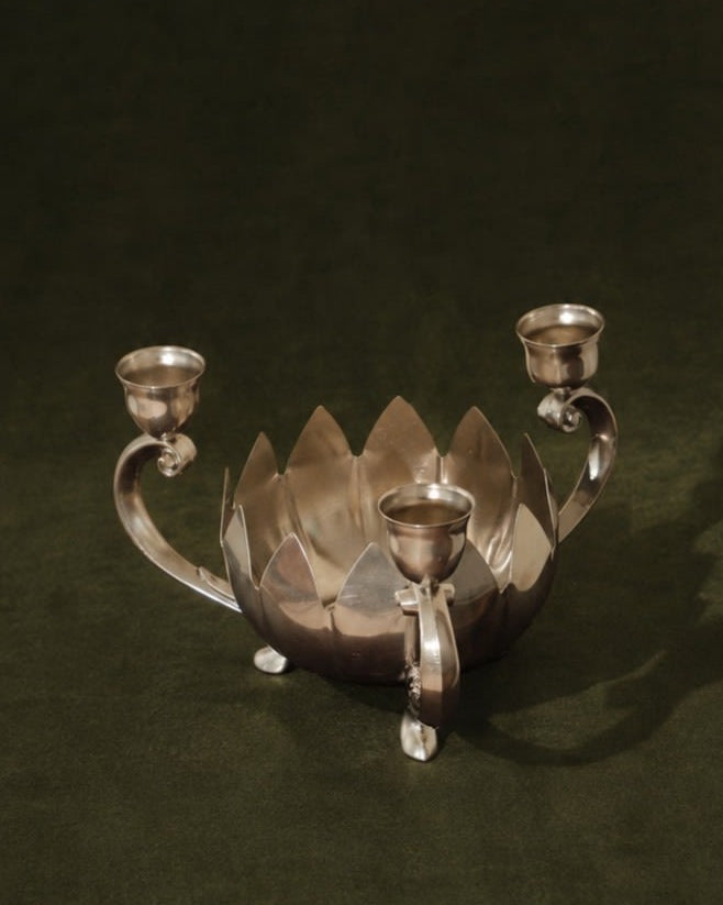 Vintage Silver-Plated Lotus Flower Three-Branch Candle Holder by Truffe Studio | The Oblist