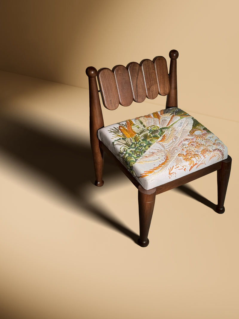 SIMORGH II – Solid Walnut with Hand-Embroidered Upholstery by VandaVee | The Oblist — handcrafted walnut, colorful embroidery