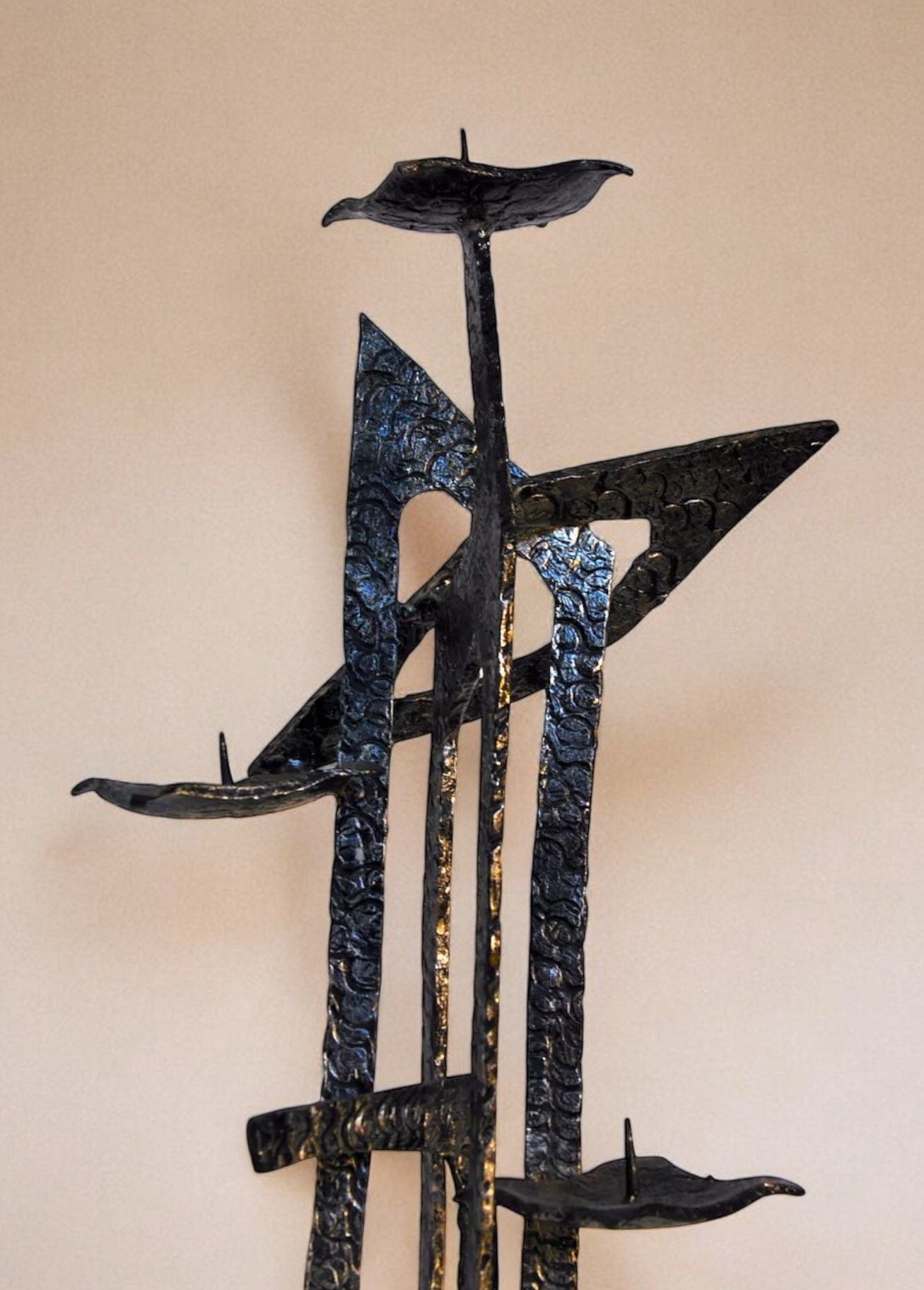 Brutalist candle holder by David Palombo,1960s — side angle showing textured black metal design