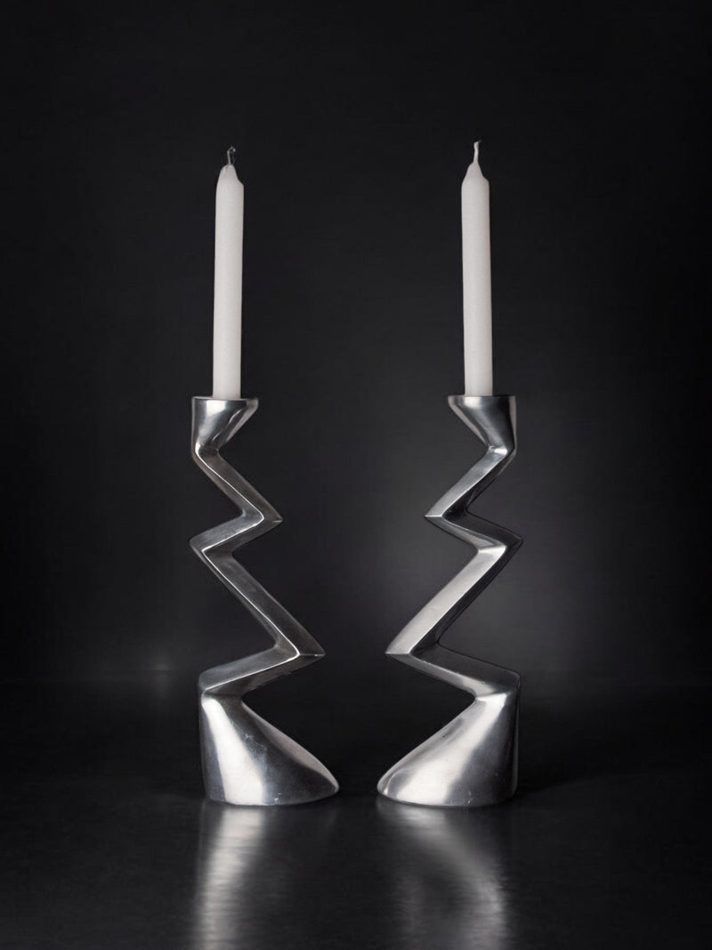Pair of Zigzag Candleholders, 1980s by Malamar Studio | The Oblist — polished metal finish, vintage design