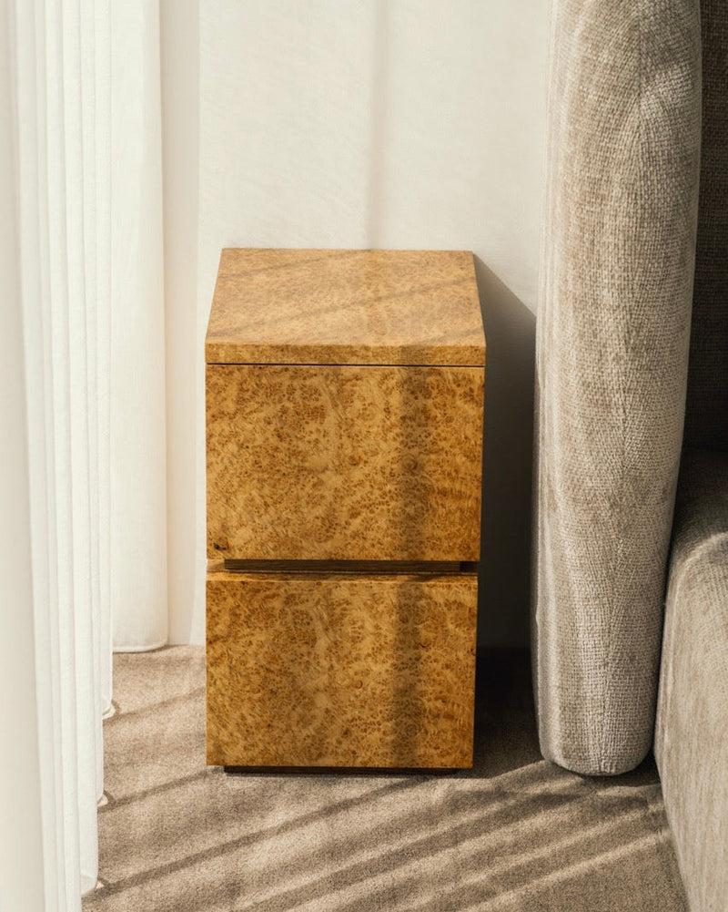 Bohult Due' Bedside Table — close-up of light wood grain finish