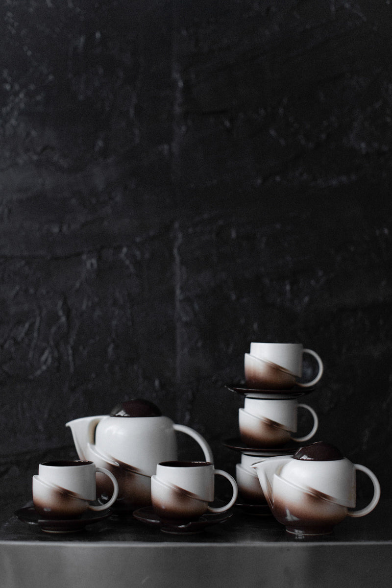 Art Deco ceramic coffee set with brown gradient cups and teapot