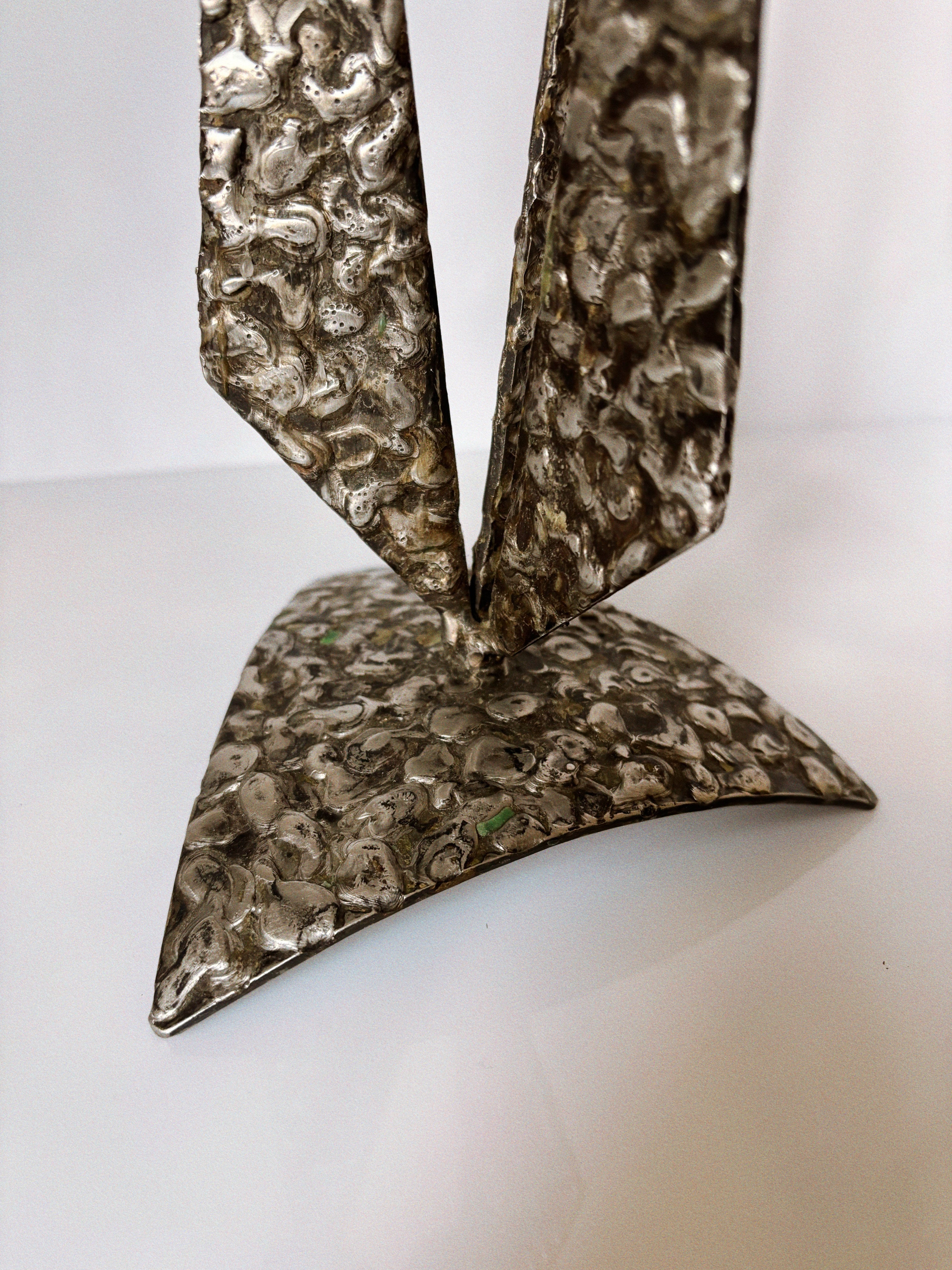 Brutalist Steel 3 Arm Metal Candlestick, Poland Mid Century — side angle showing textured steel base