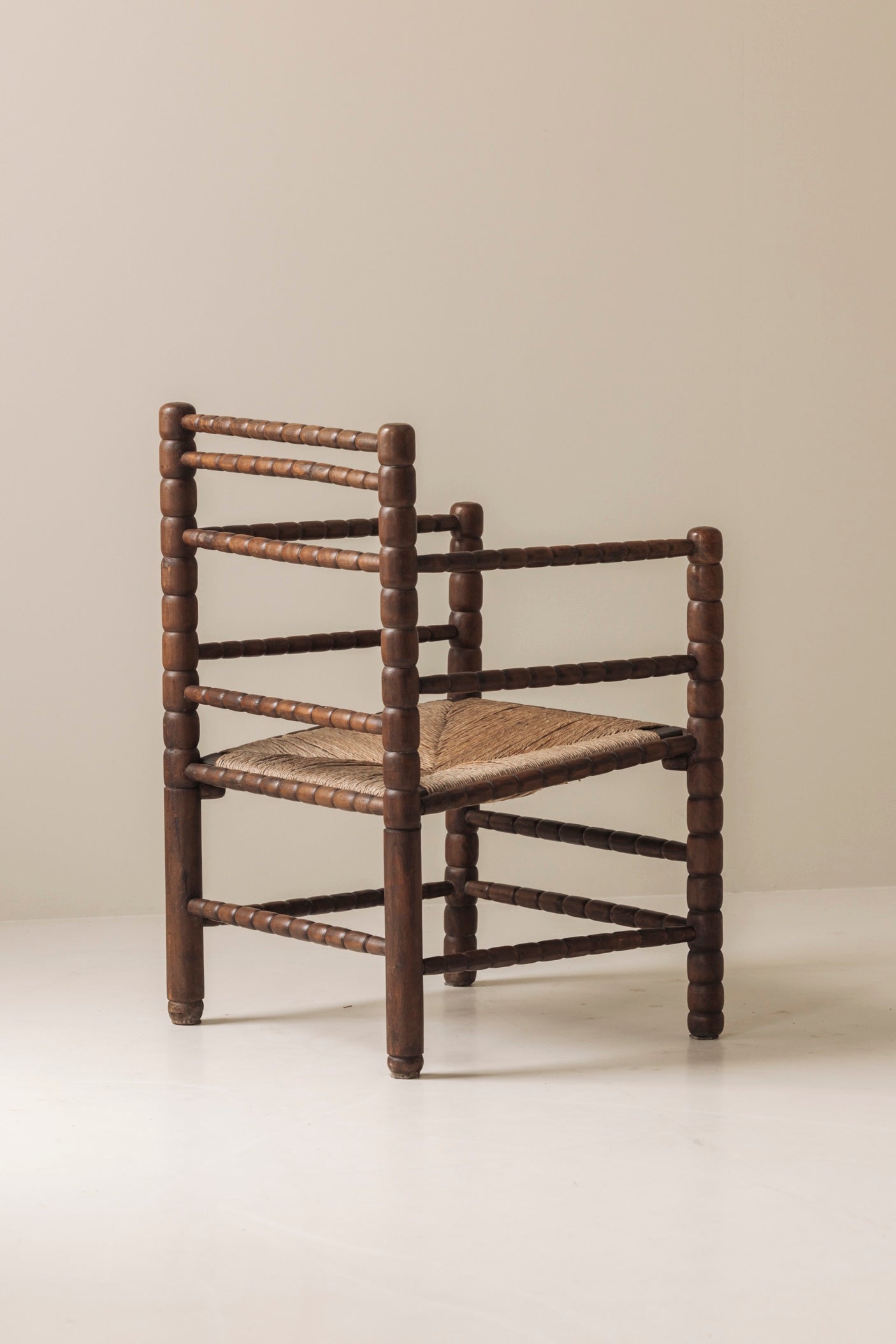 Sculptural French 'Bobbin' armchairs, 1950s — close-up