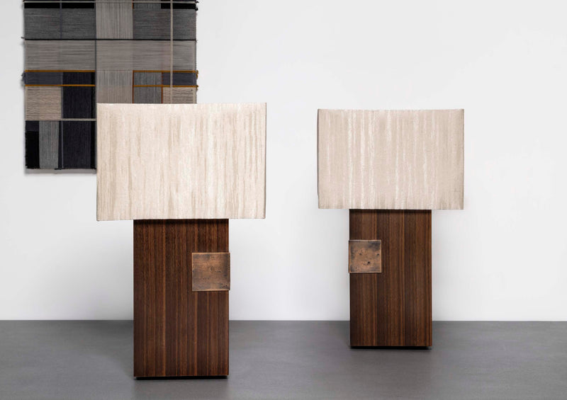 Esperia table lamps with light wood shades on dark walnut bases