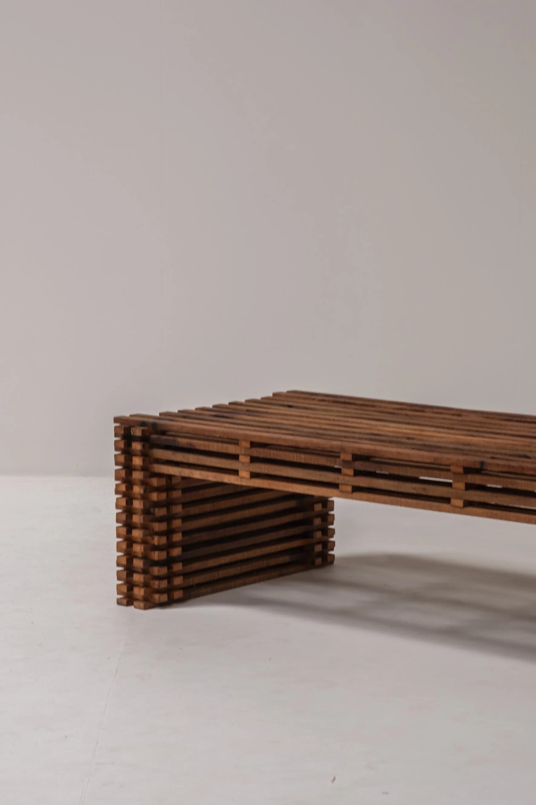 Vintage Wooden Slatted Coffee Table – Sculptural Design, 1970s Style — side angle
