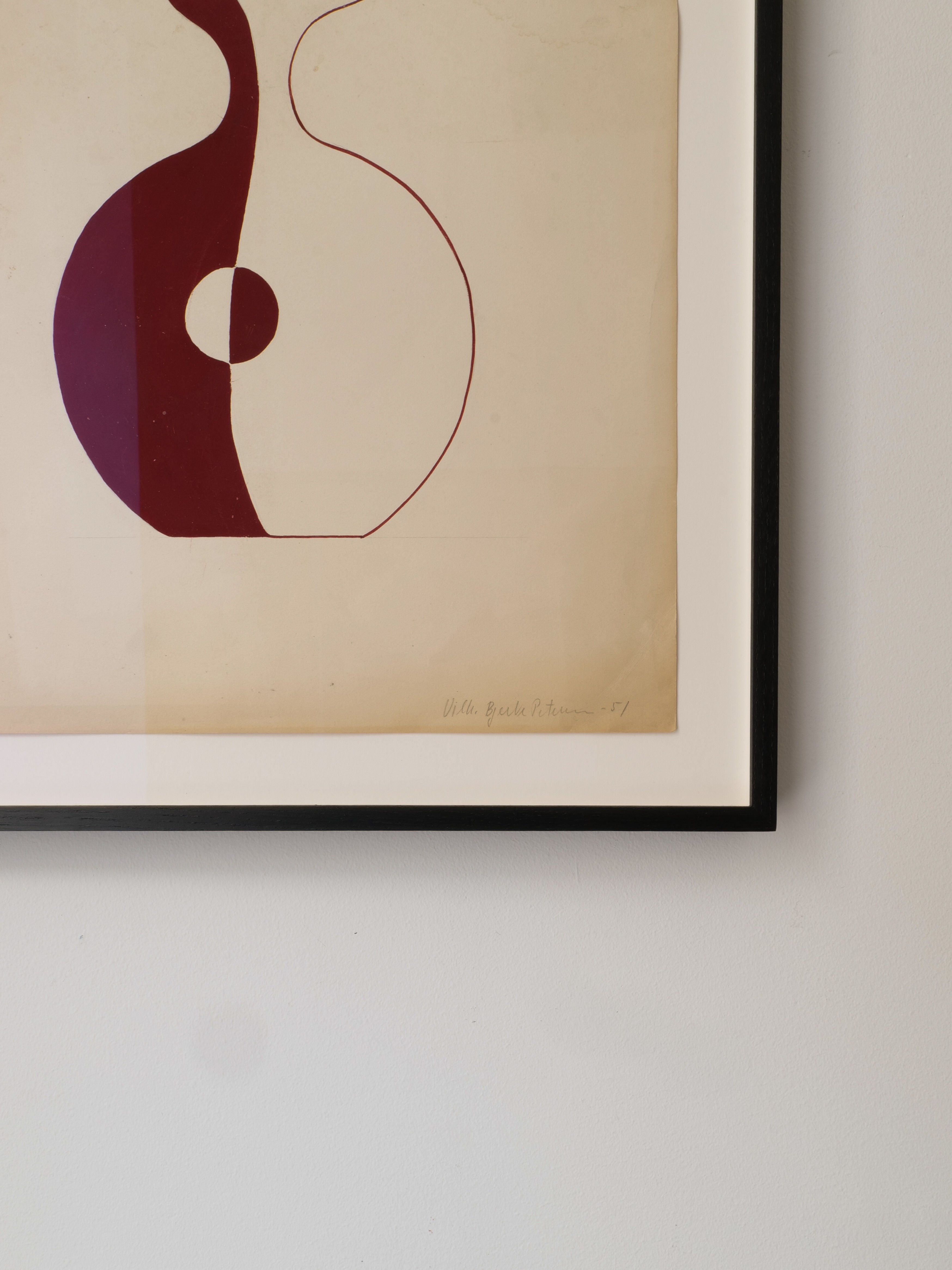 Collection apart’s 'Red Vase' Painting 1951: a framed abstract piece featuring a cream background and striking maroon geometric shape—echoing the original red vase—partially cropped on the left and displayed against a plain white wall.