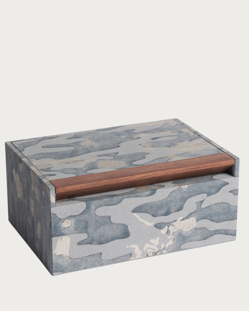 Fortuny Box - Camo Isole/Faded Blue — angled view showing fabric texture and wood handle