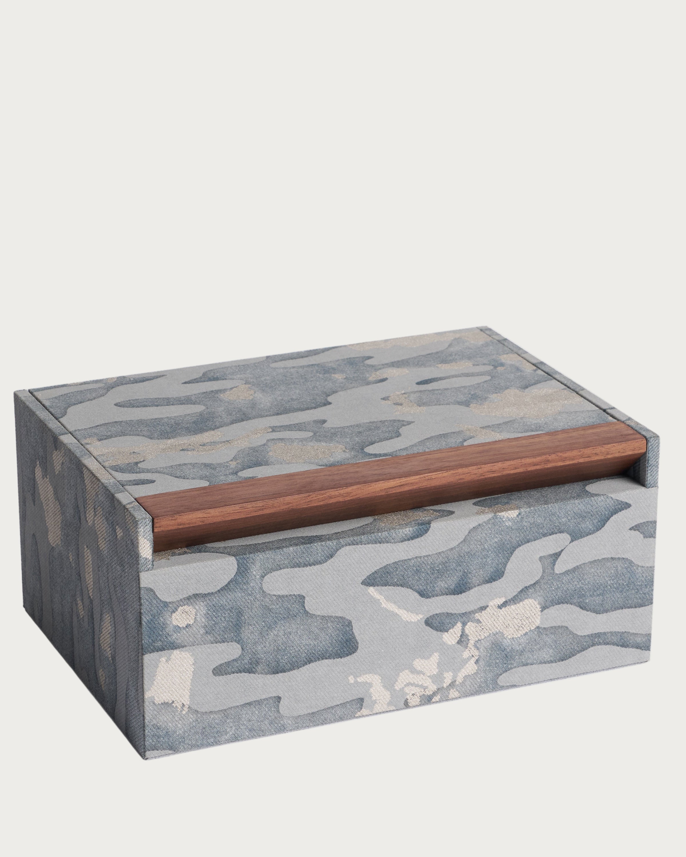 Fortuny Box - Camo Isole/Faded Blue — angled view showing fabric texture and wood handle