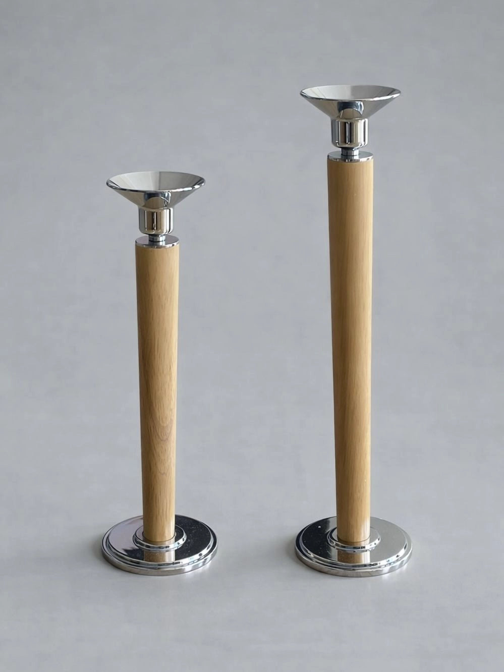1980s Italian Art Deco Chrome & Wood Candlestick — side angle
