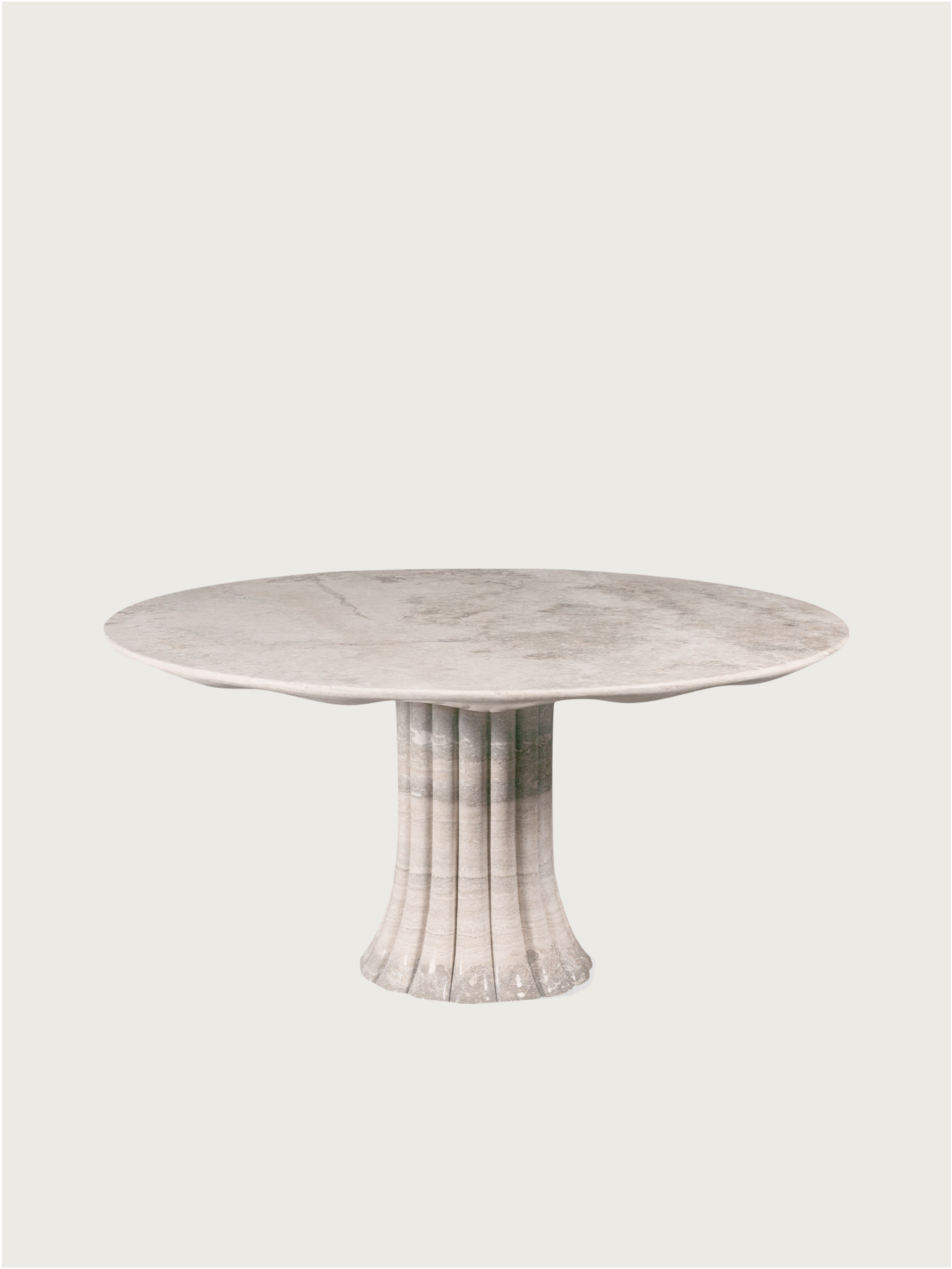 Drapery Table in Silver Travertine — side angle