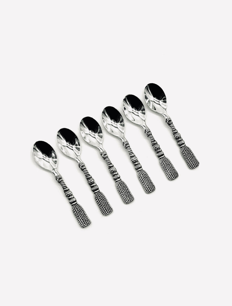 Six vintage silver-plated moka spoons with ornate tassel handles