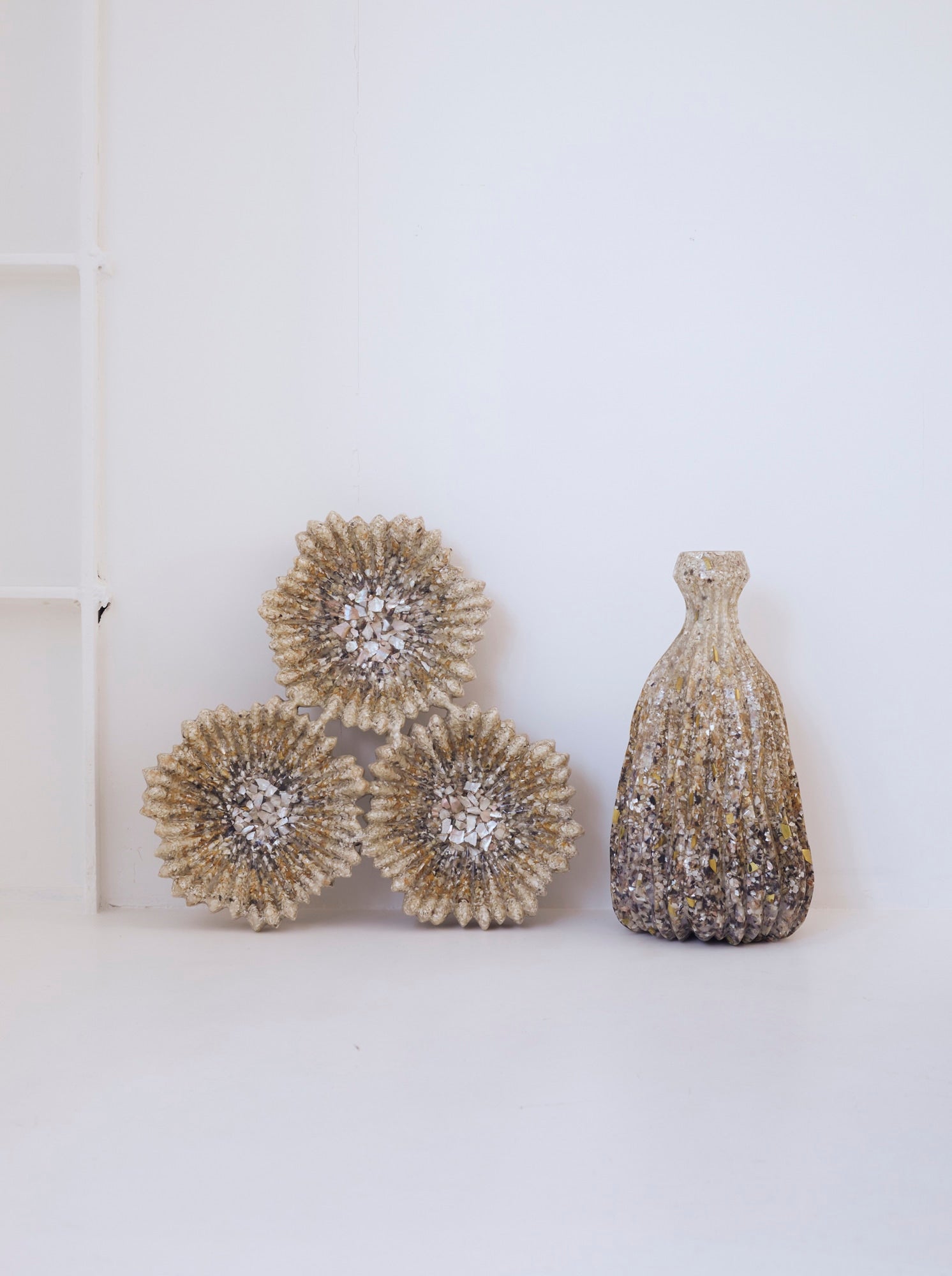 Spectacular 1960S French Set Of Cast Resin, Shell and Metal Inclusion Artisanal Sculptures — arranged on white background wit