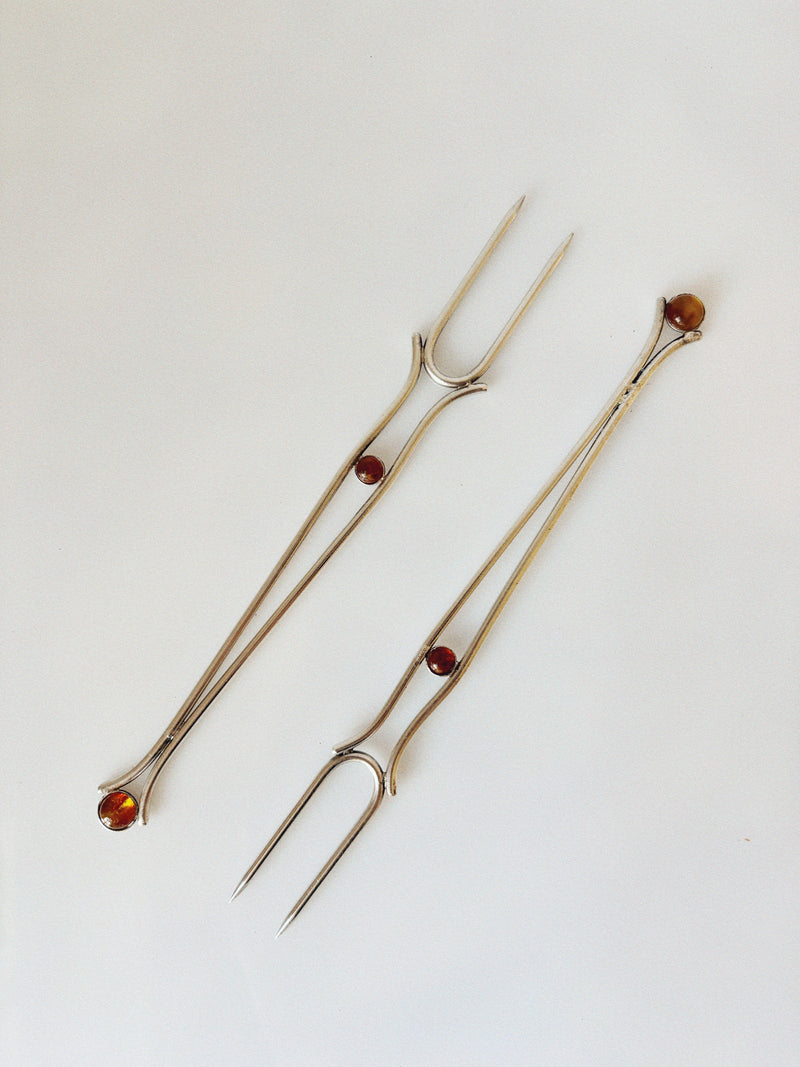 Silver Plated Serving Forks With Amber Inlay, Poland — close-up of amber inlay details