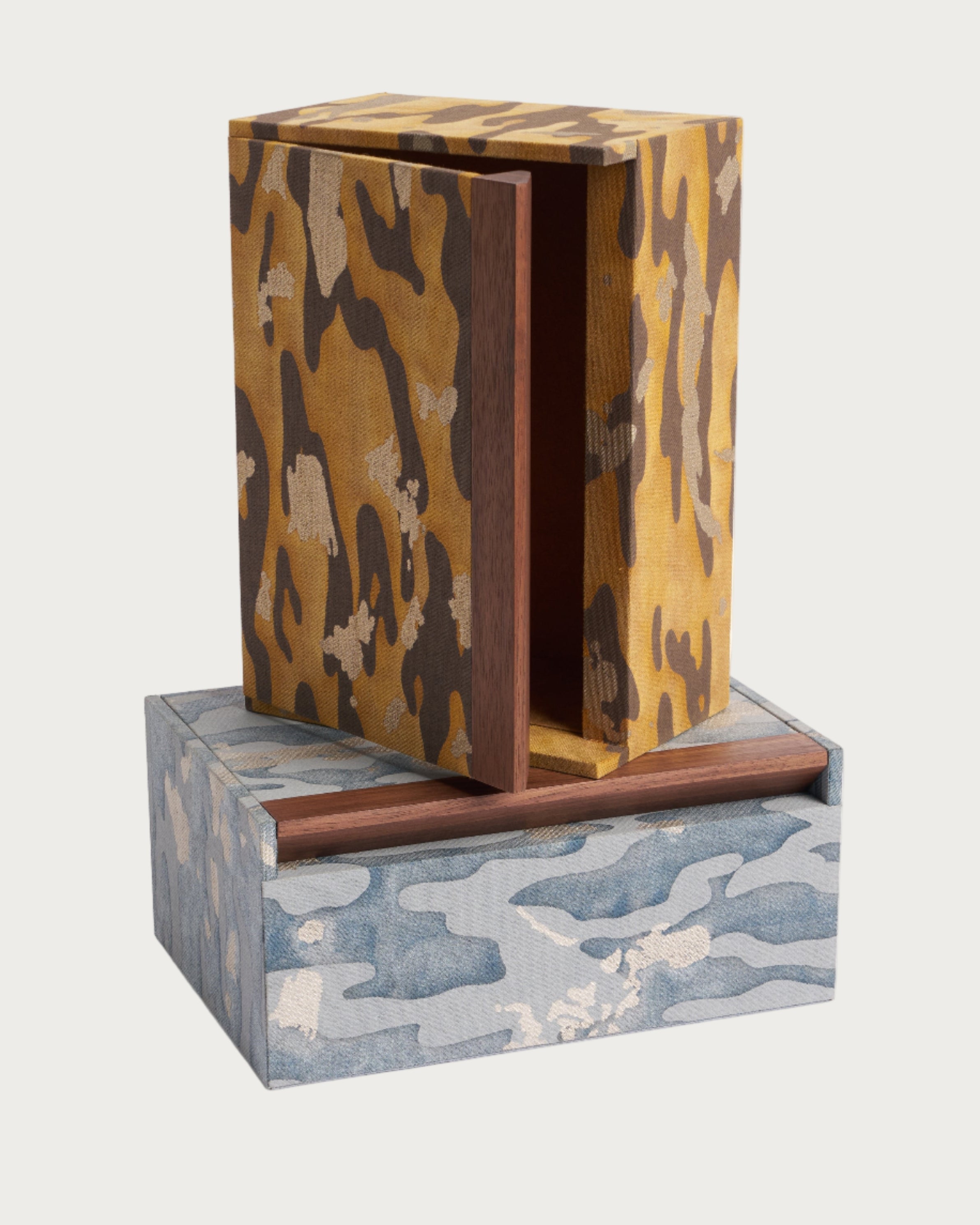Fortuny Box - Camo Isole Tiger — side angle showing fabric patterns and wood detail