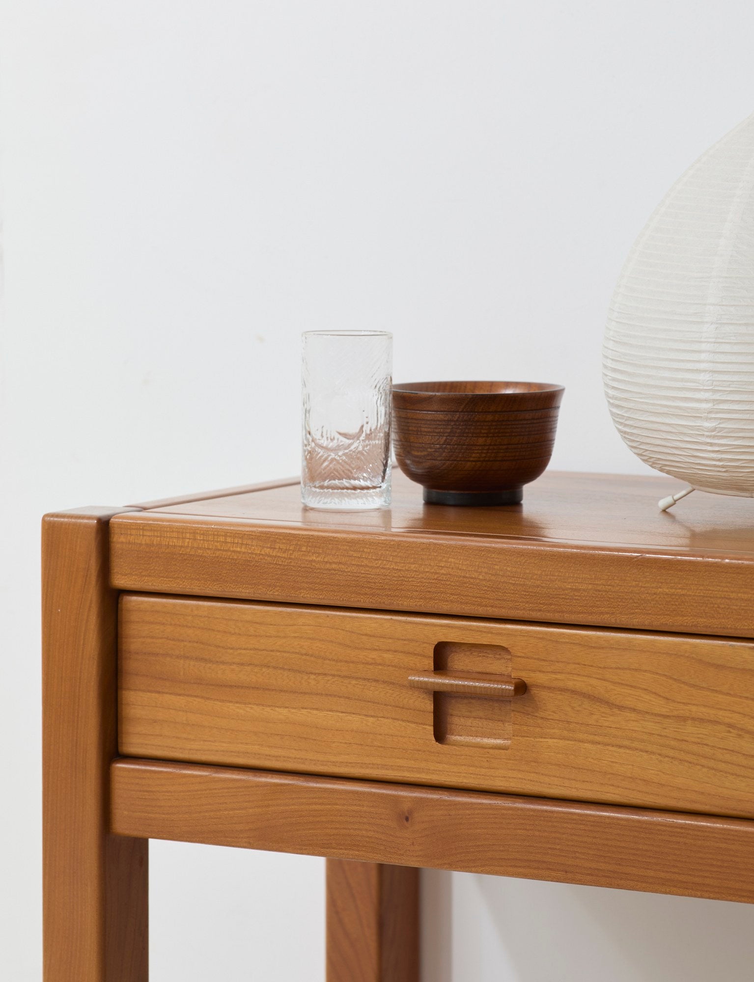 Vintage artisanal one-drawer Side Table in Wood (Elm), France circa 1980 — detail view