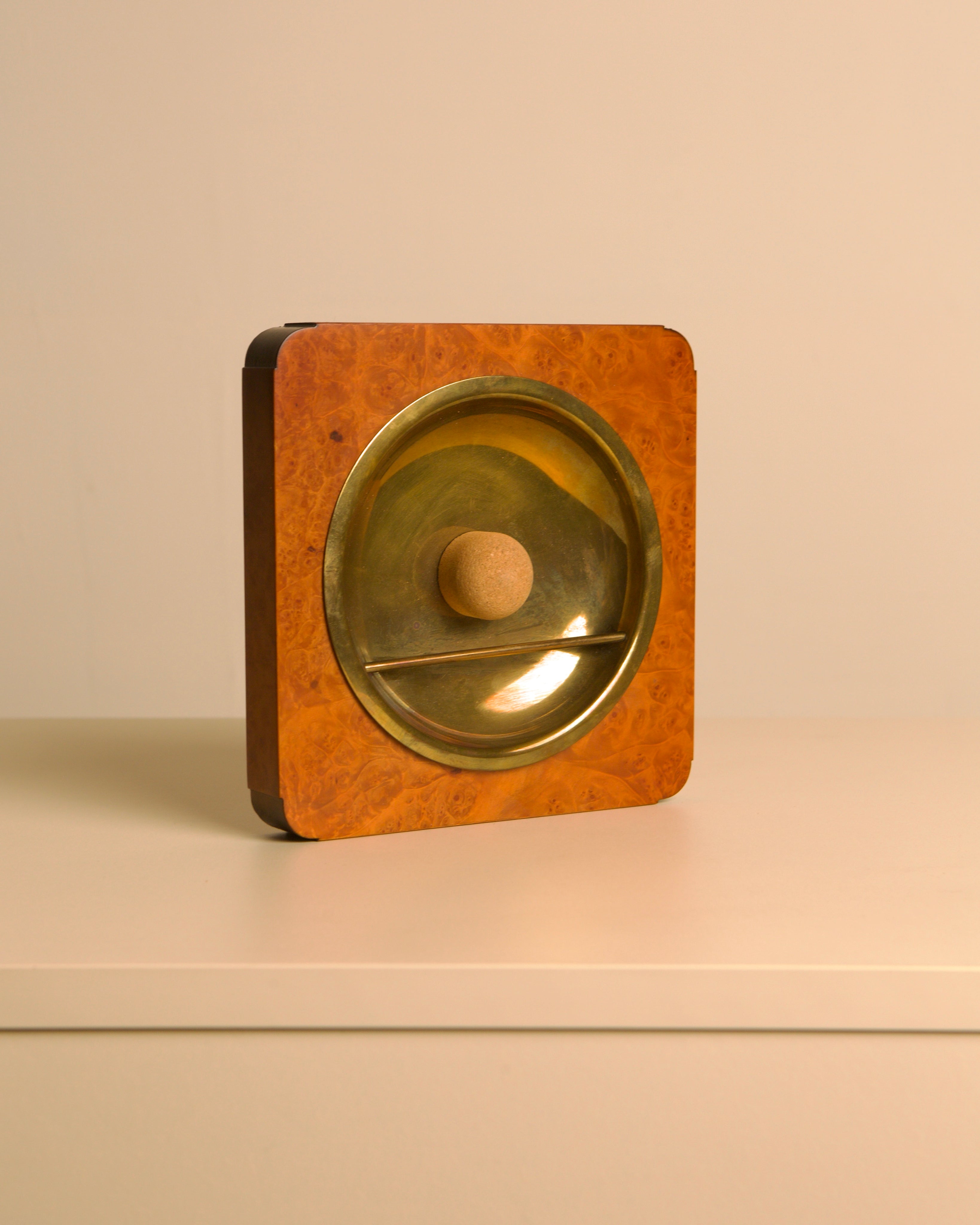 Italian Burl Wood & Brass Catchall Tray with Cork Ball, 1960s — alternate view