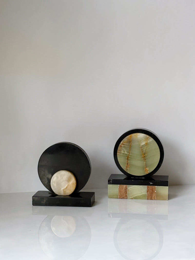 Art Deco Marble & Onyx Bookends, Germany — close-up of onyx detail and colors
