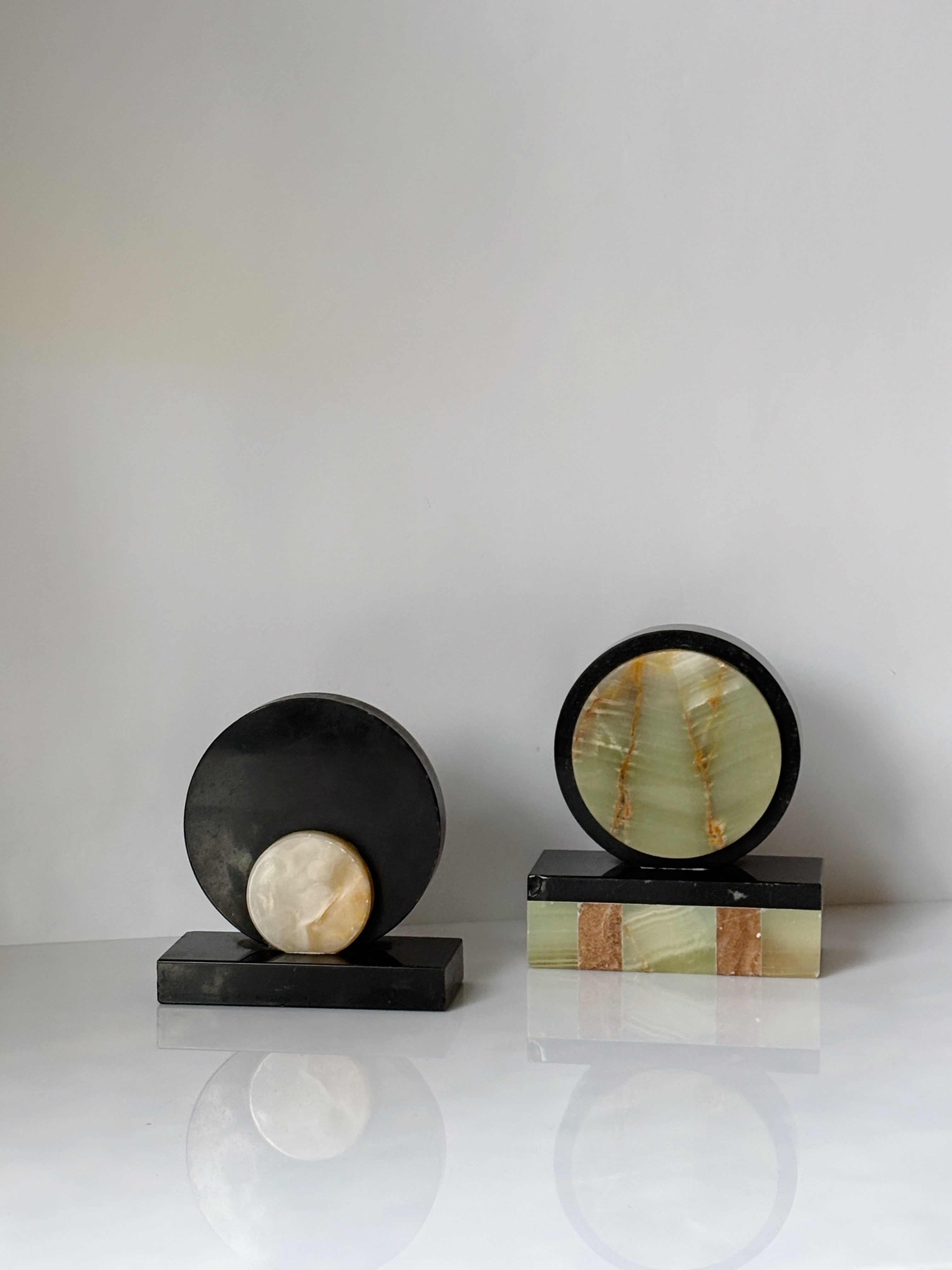 Art Deco Marble & Onyx Bookends, Germany — close-up of onyx detail and colors