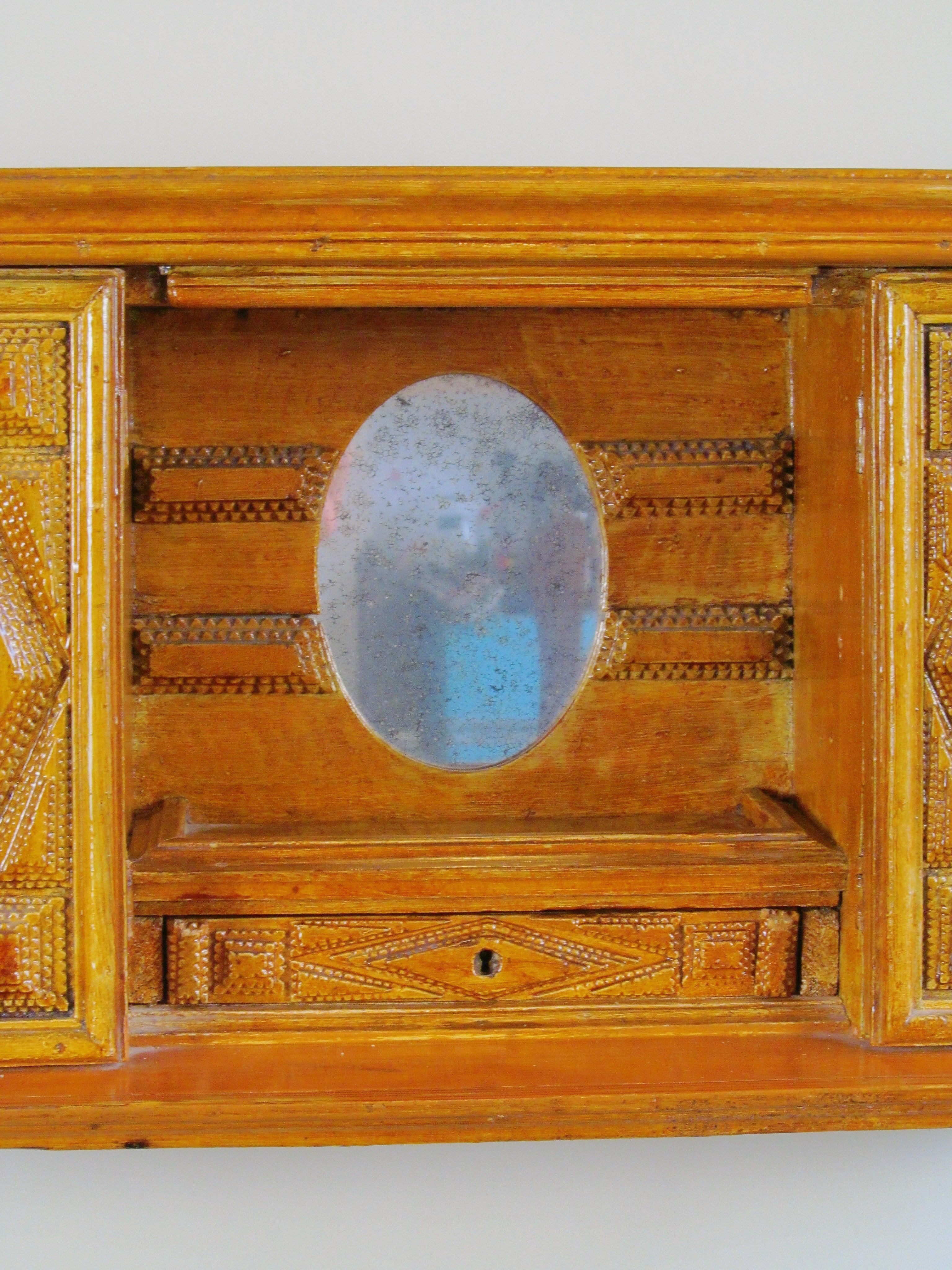 Tramp Art Wall Shelf 1890 - 1915 — side angle showing wooden texture and mirror