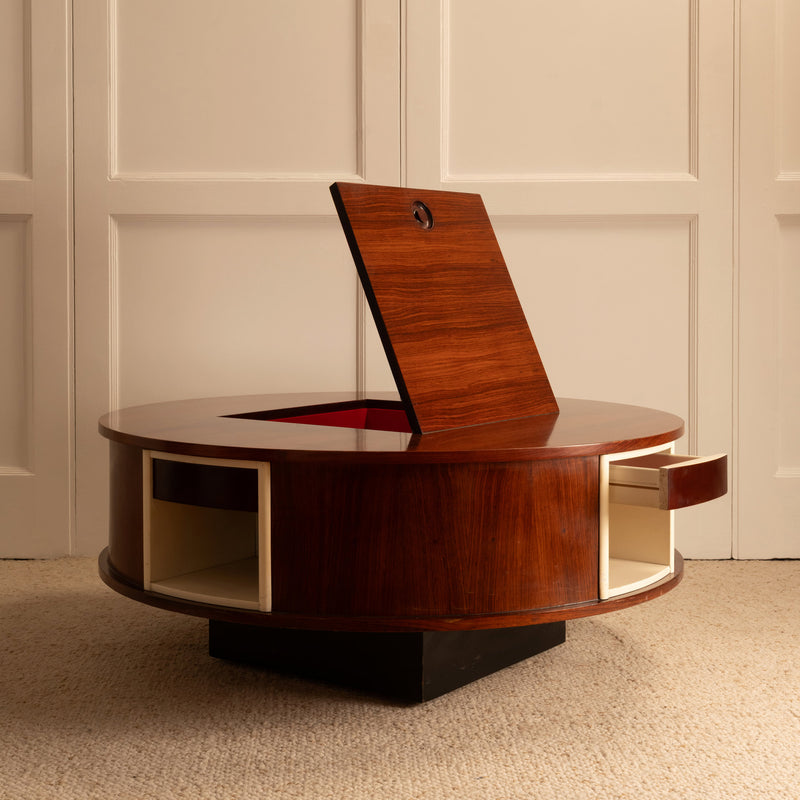 Swivel Coffee Table — close-up of wooden surface with open compartment