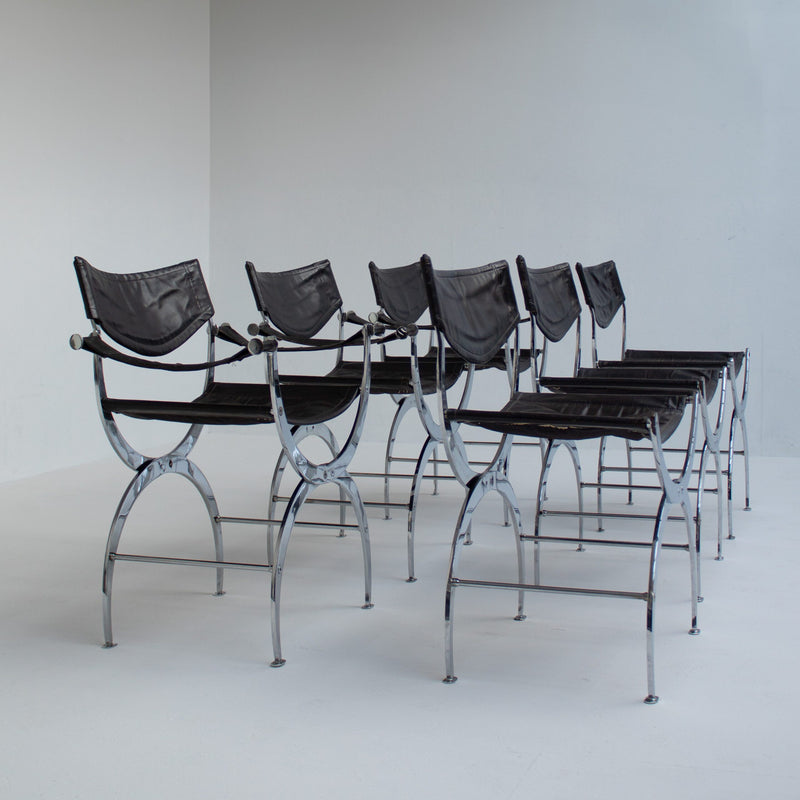 Set of 6 Italian Chrome Dining Chairs with Leather Seating — close-up of chrome frame and leather seat