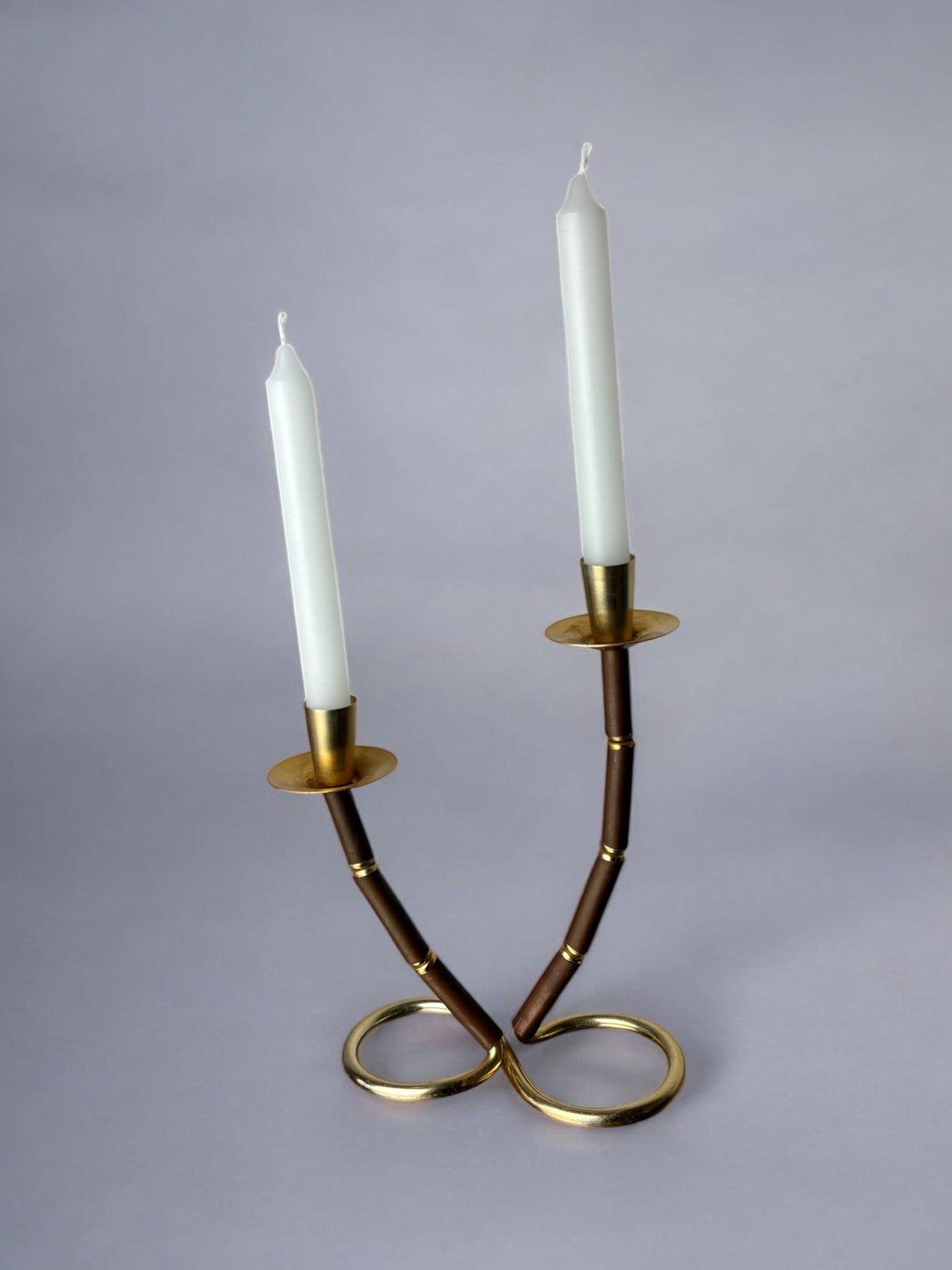 Faux Bamboo & Brass Candleholder, Italy, 1970s — side angle with two candles