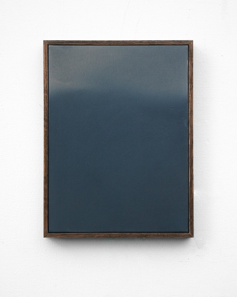 Abstract blue-gray oil painting on linen by David Hardy in wooden frame