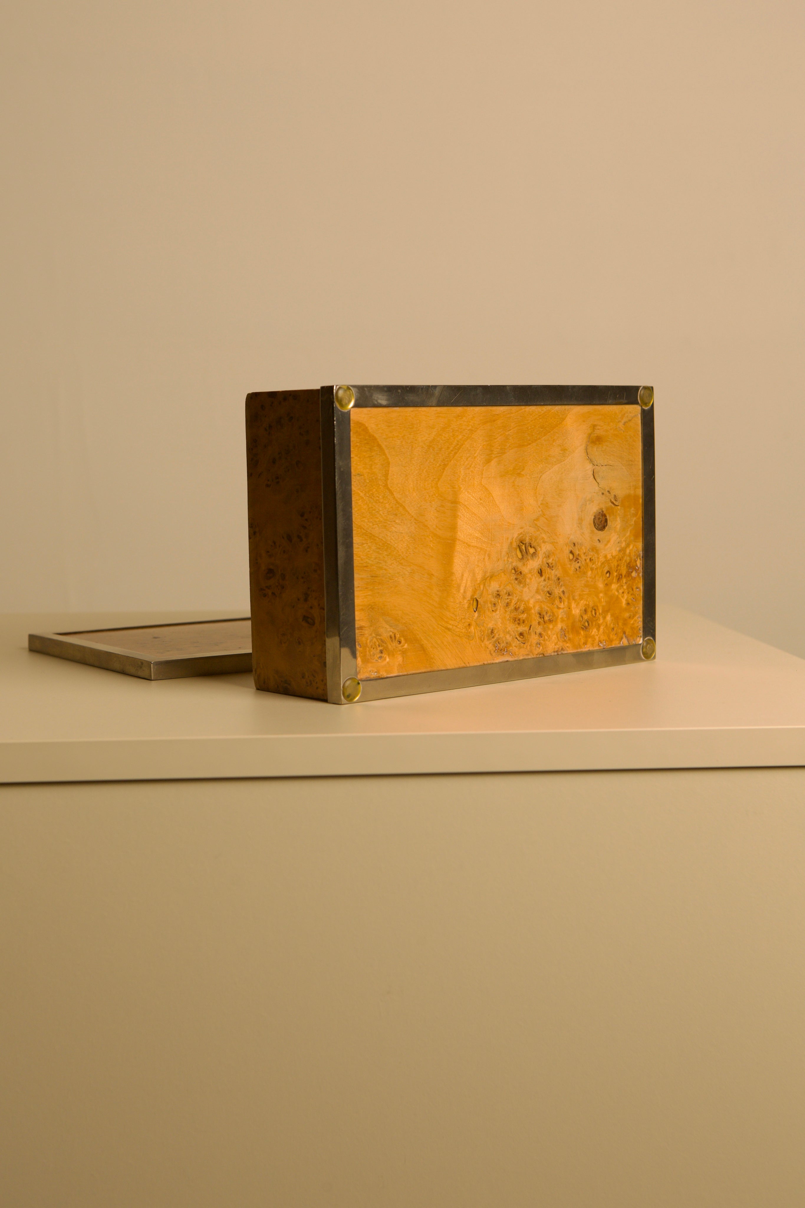Italian Box in Poplar Burl Wood and Metal, 70s — back view on neutral surface