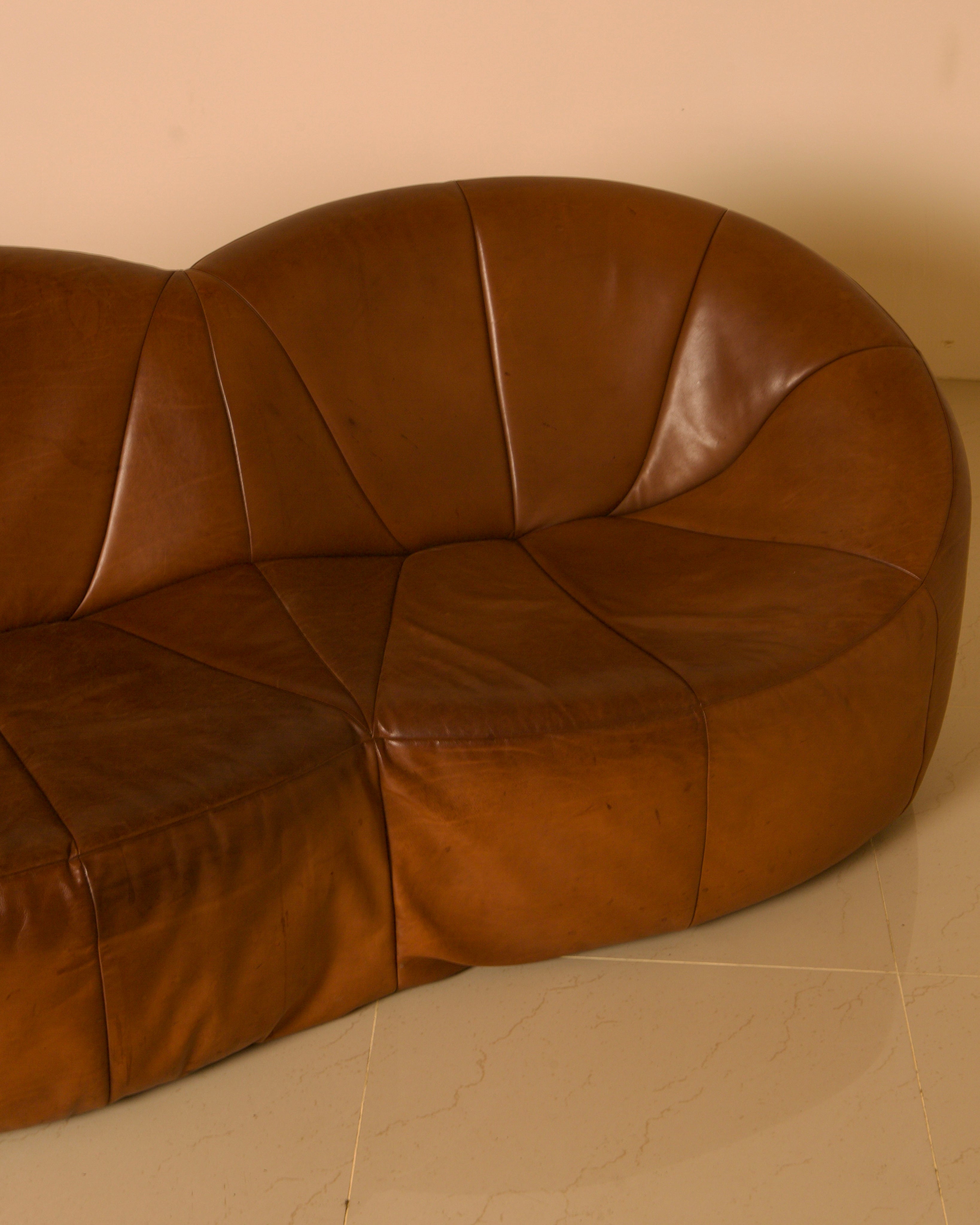 Three-seater "Pumpkin" Sofa by Pierre Paulin for Artifort, 1980 — close-up of brown leather texture