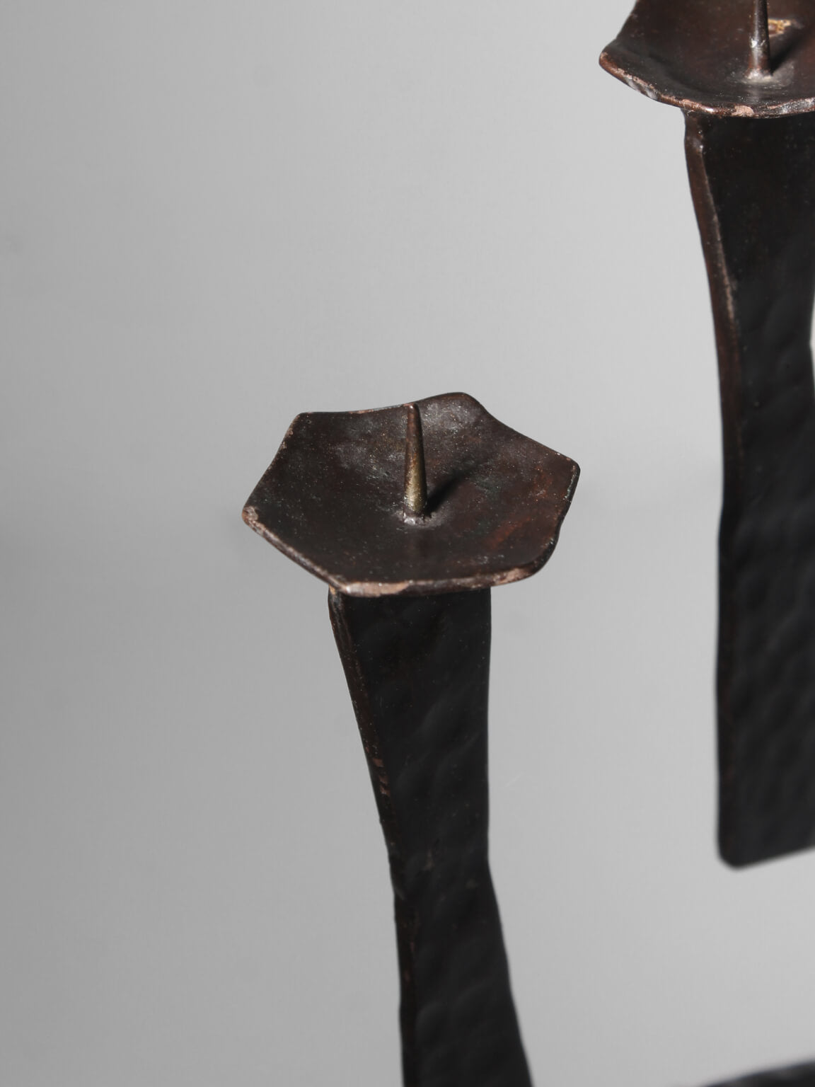 Brutalist Hammered Texture Metal Candelabrum — side angle