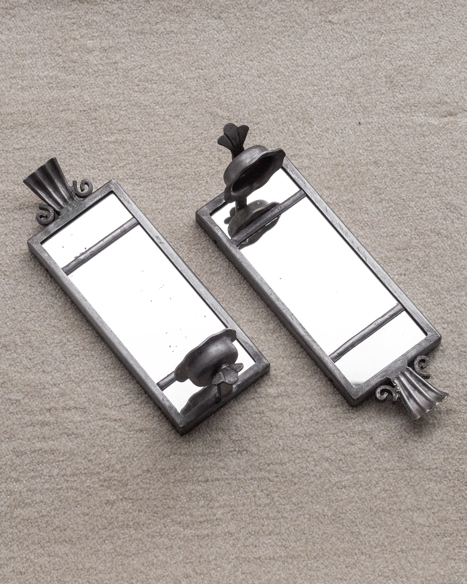 Pair of Art Deco Pewter Candle Sconces by Böhlmarks, Sweden, 1930s — close-up of textured pewter surface