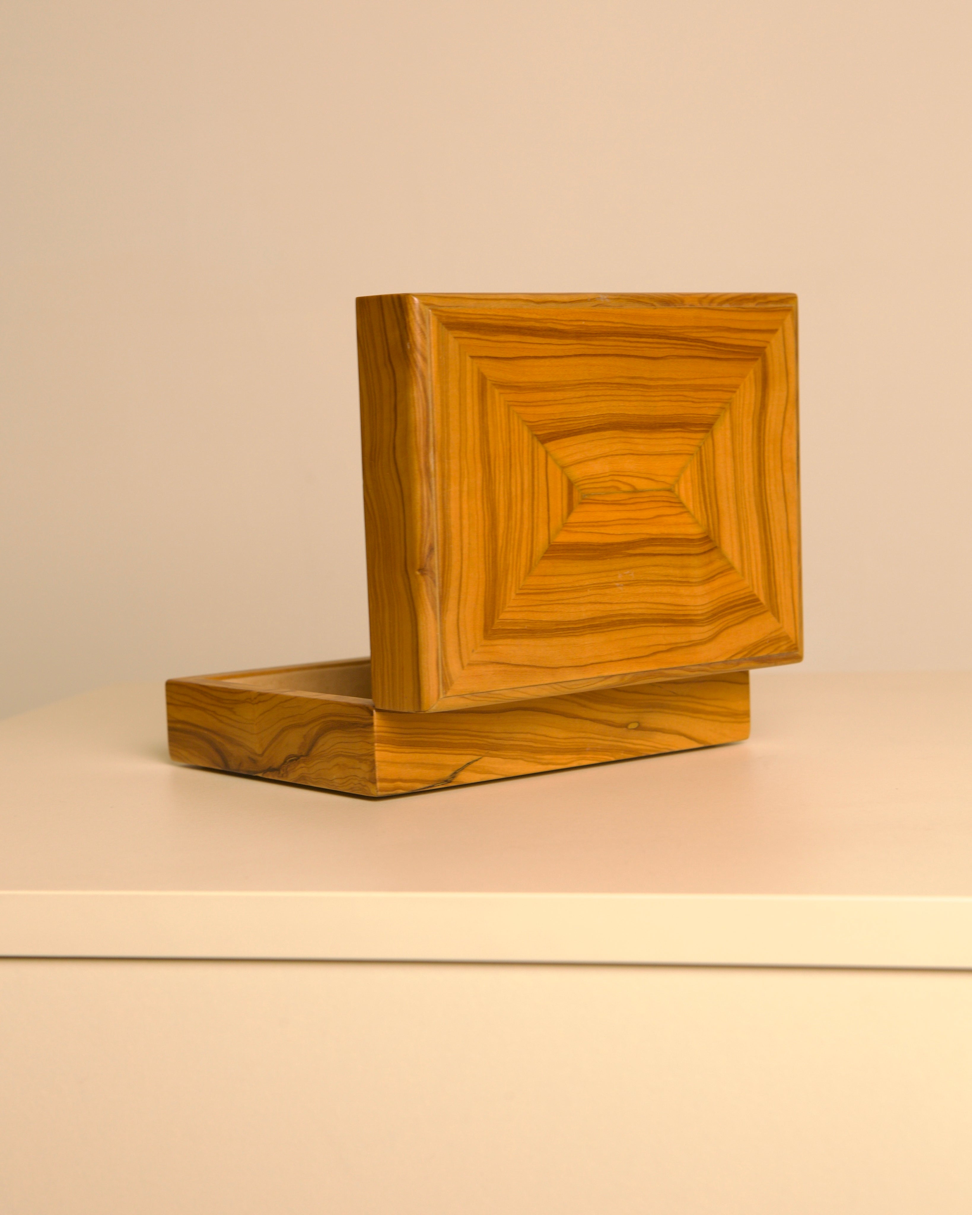 Italian wolid olive wood box with cream velvet Interior 1980's — lifestyle setting